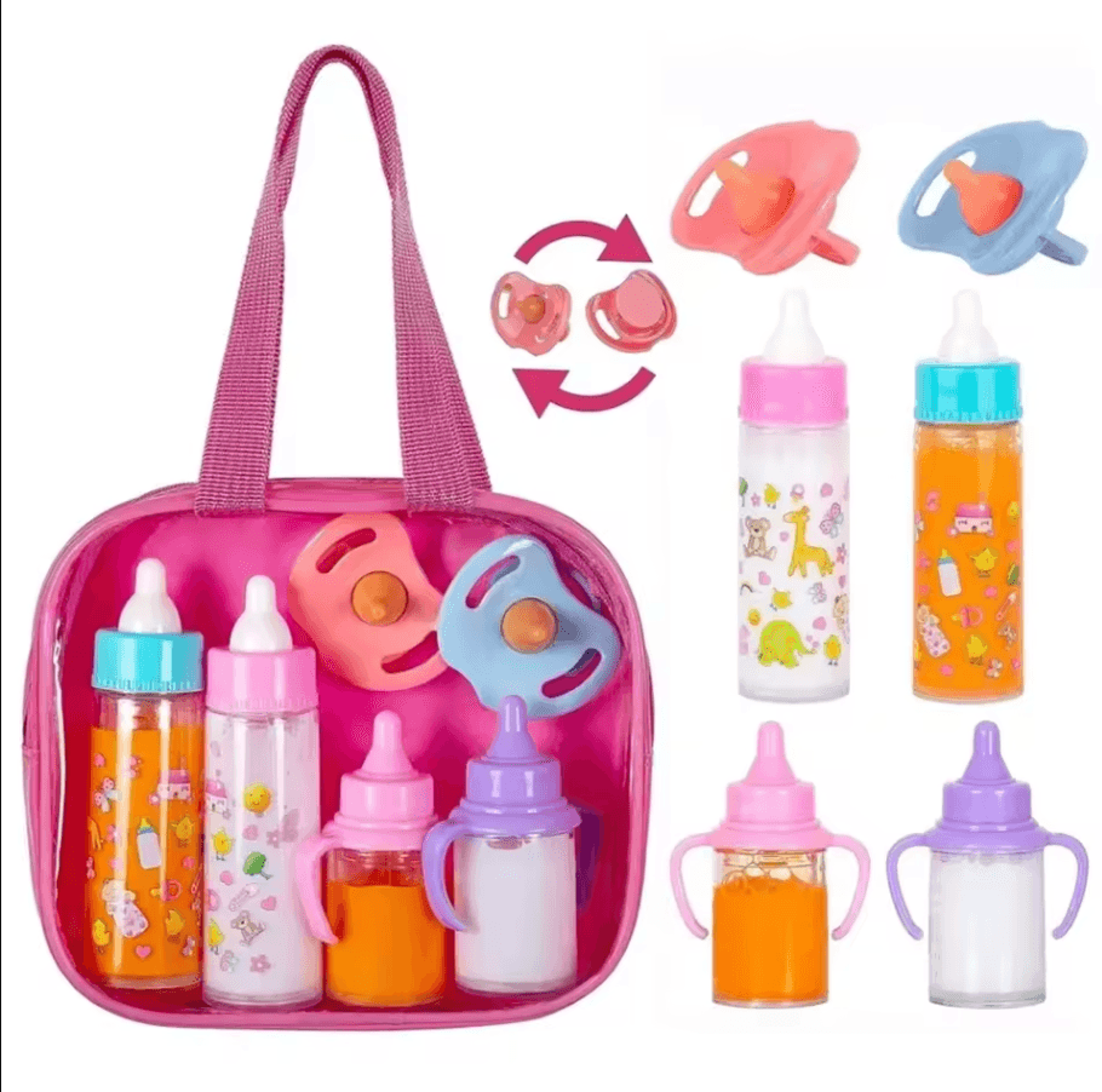 baby doll feeding set with milk and juice bottles and pacifier for doll play