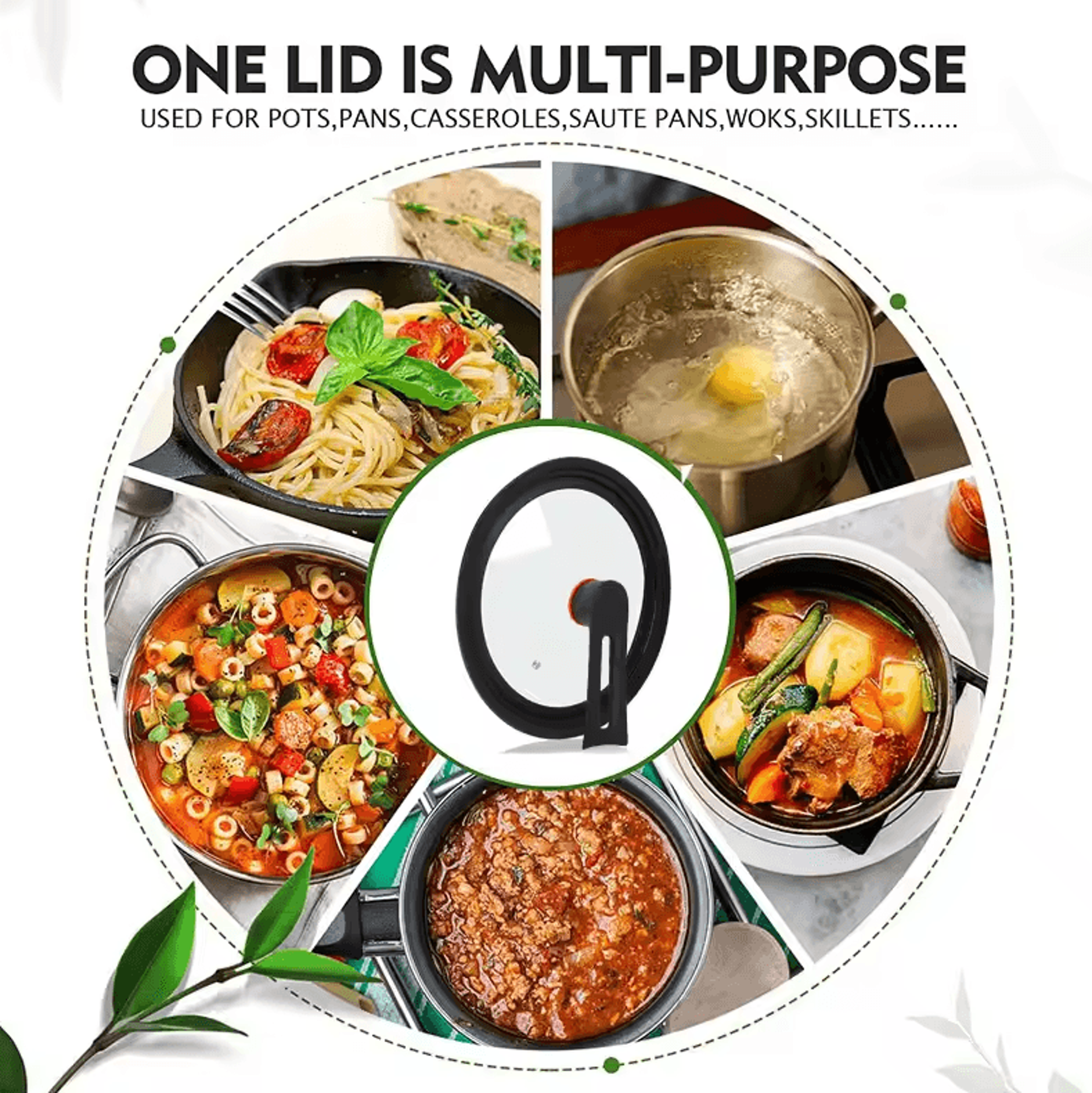 universal silicone pan lid – tempered glass cookware cover with standing handle