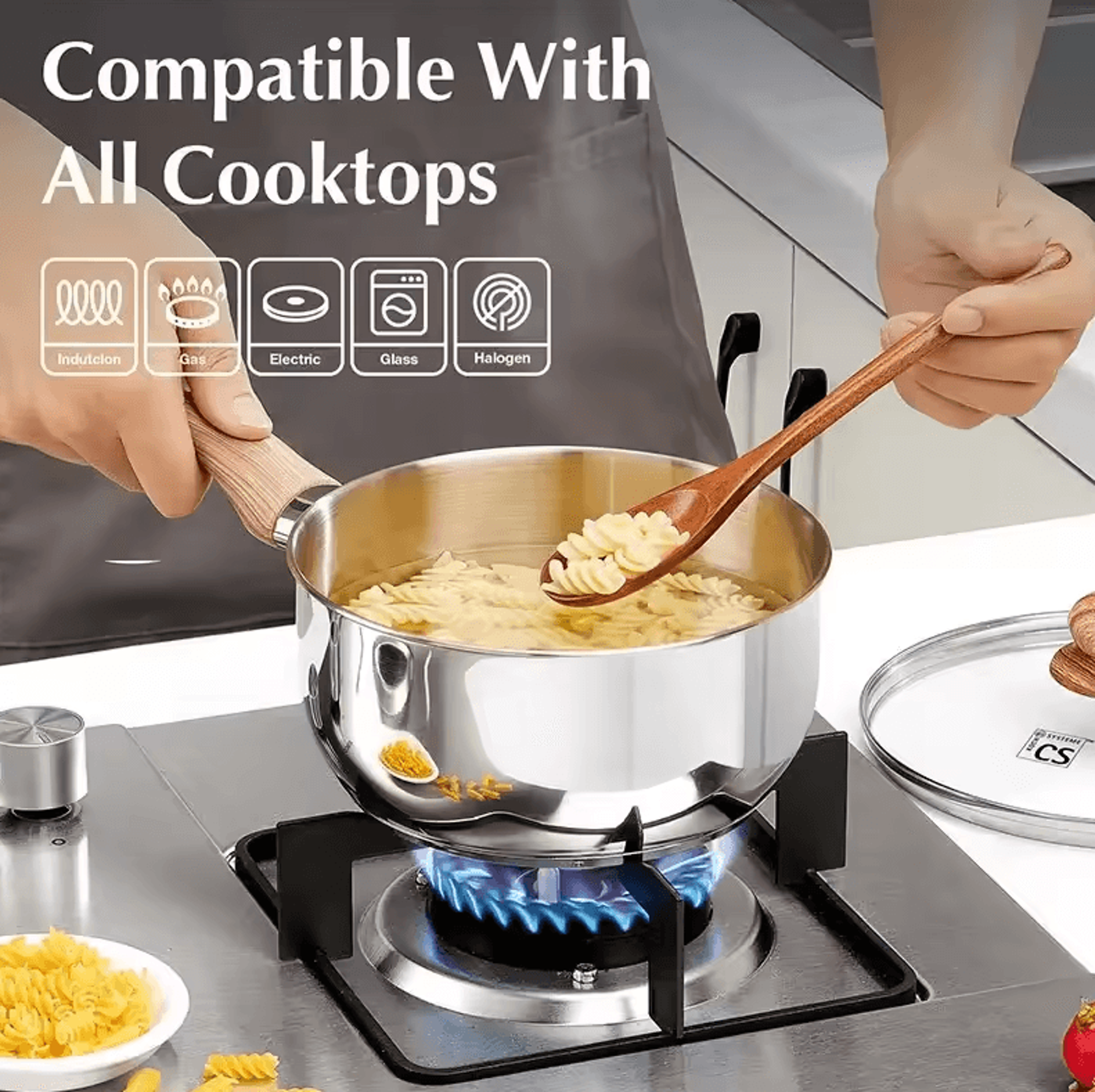 premium 1 quart stainless steel saucepan with glass lid & wooden handle