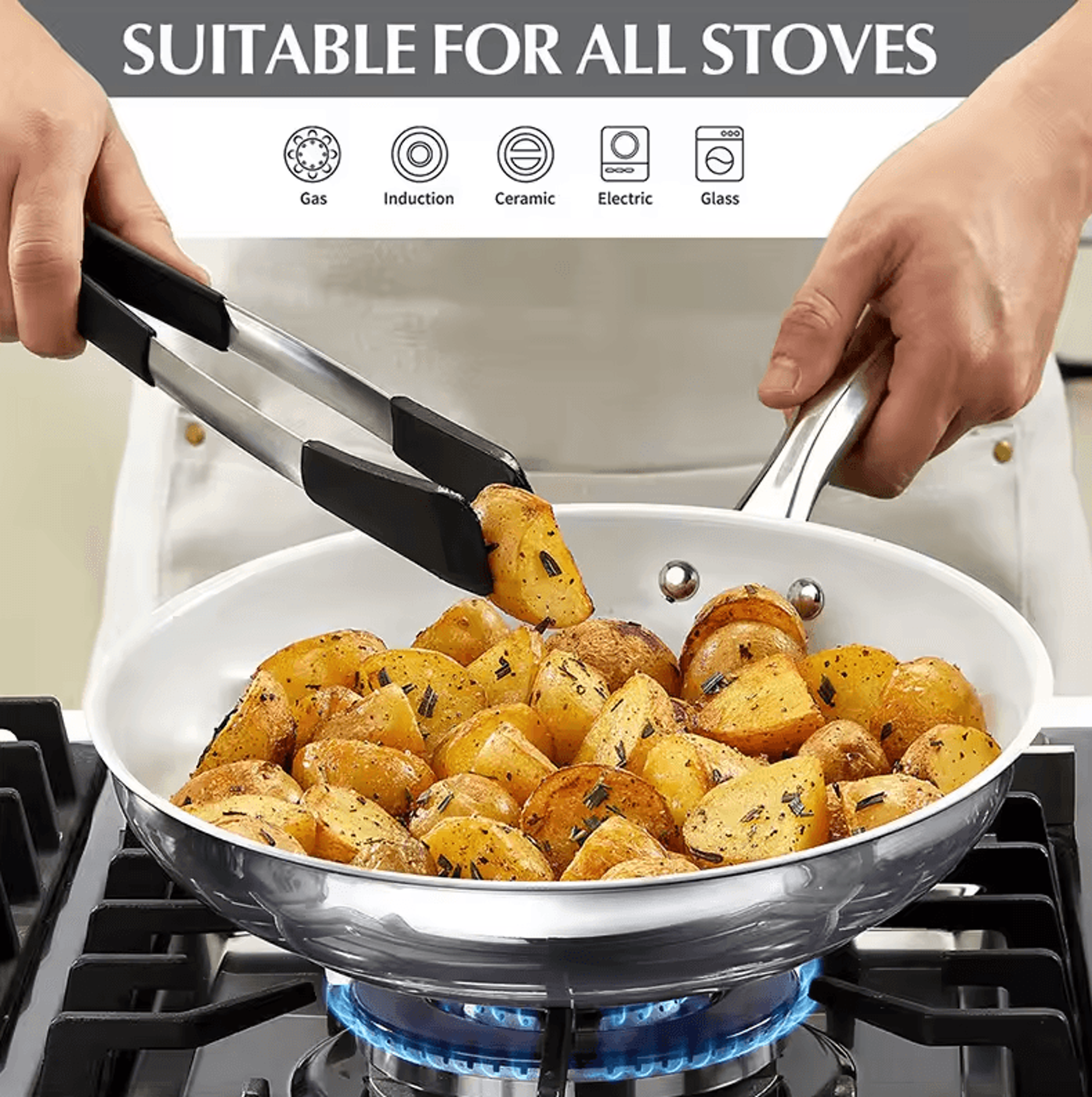 premium 8-inch stainless steel frying pan with white ceramic coating & lid