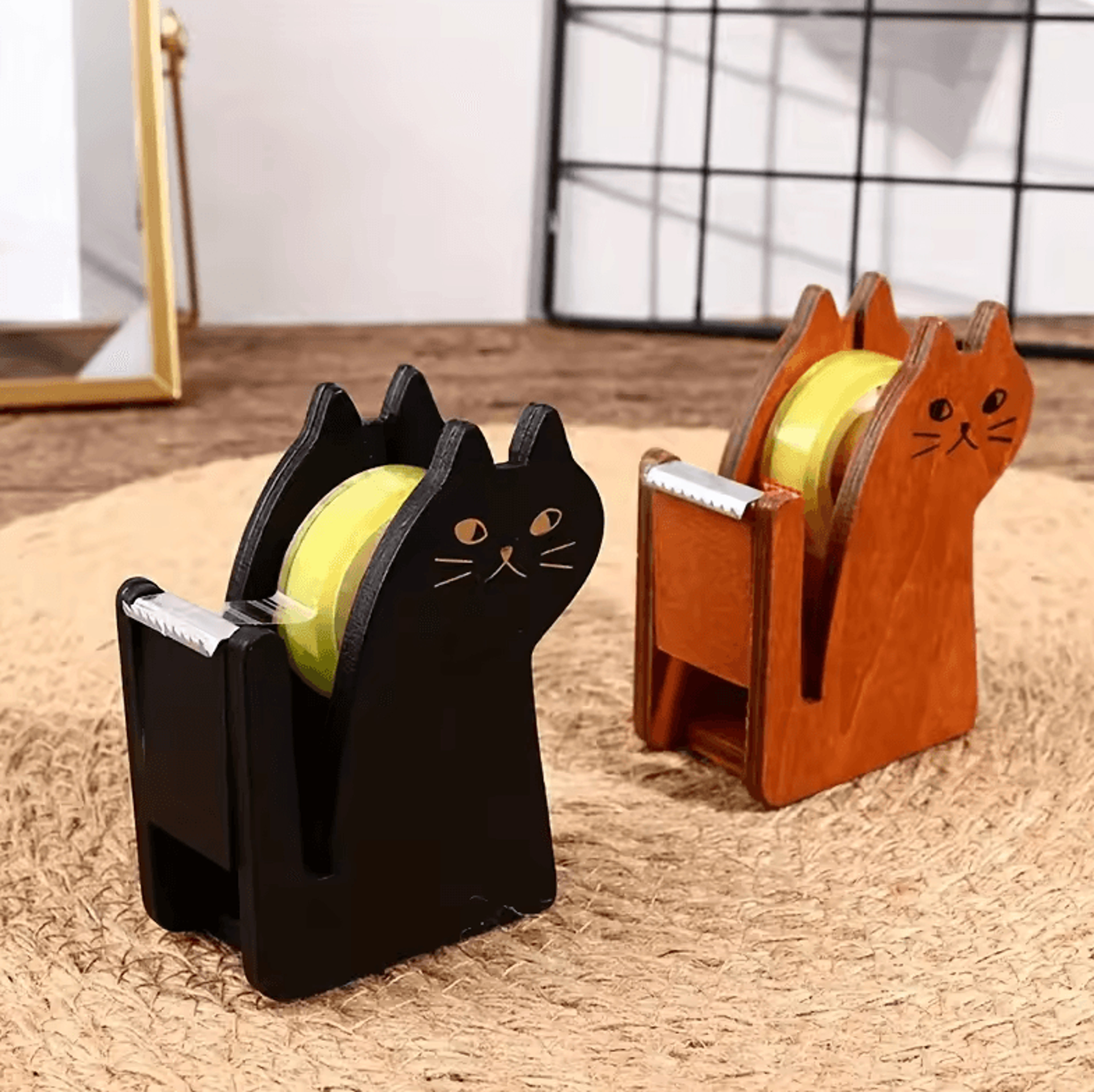 cute cat shaped tape dispenser – wooden & transparent plastic tape holder for desk