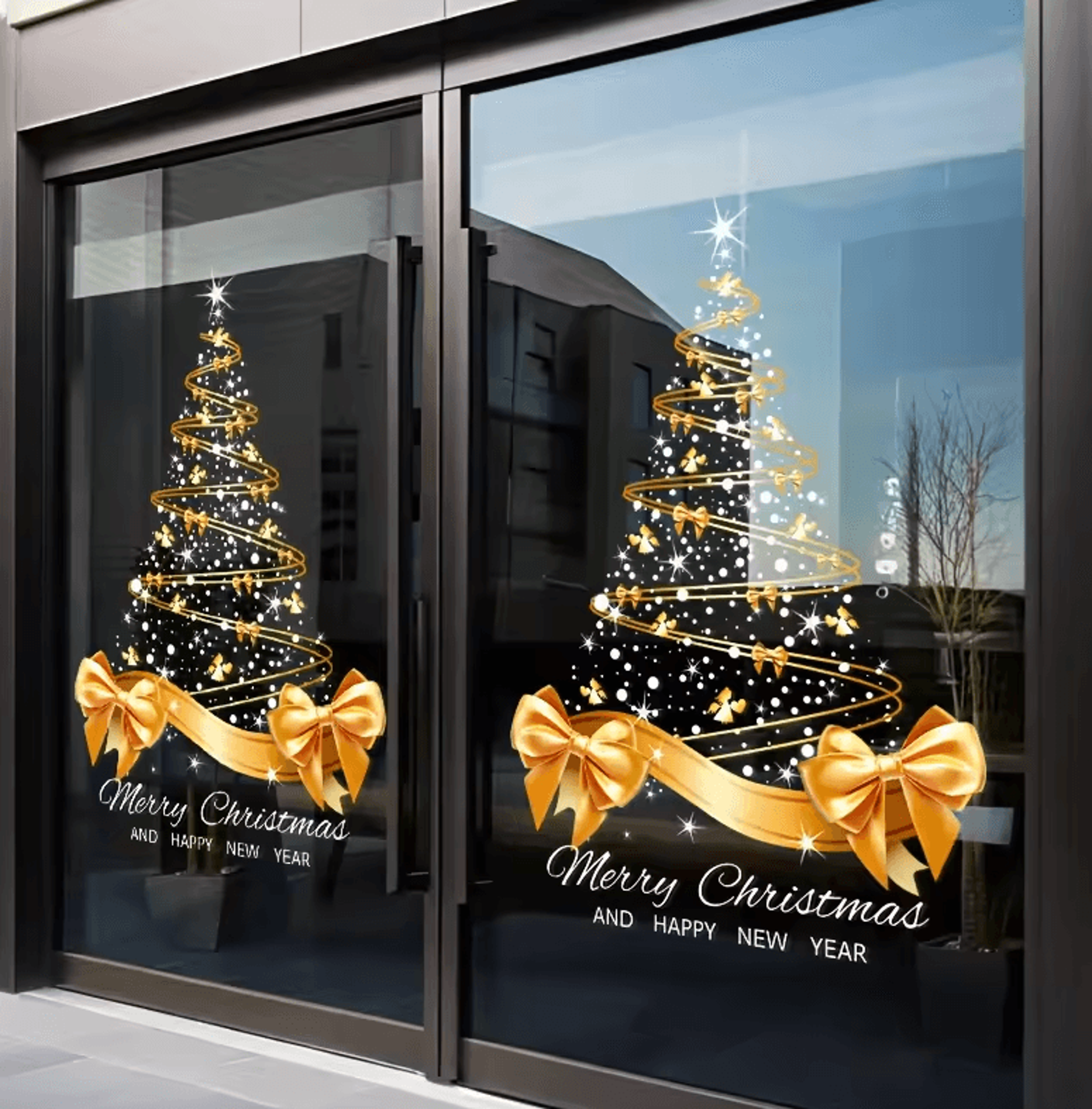 golden christmas tree window stickers – diy merry christmas electrostatic decals
