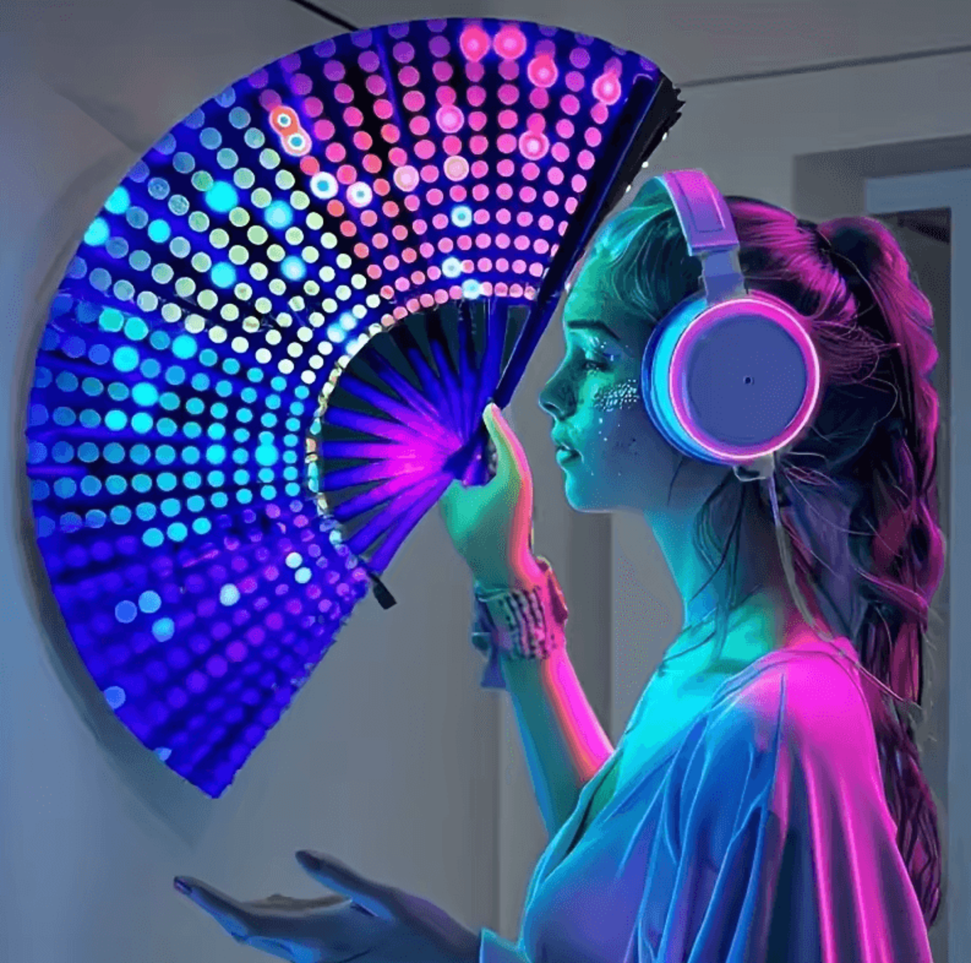 large carnival folding fan with energetic neon mushroom pattern – unisex hand fan