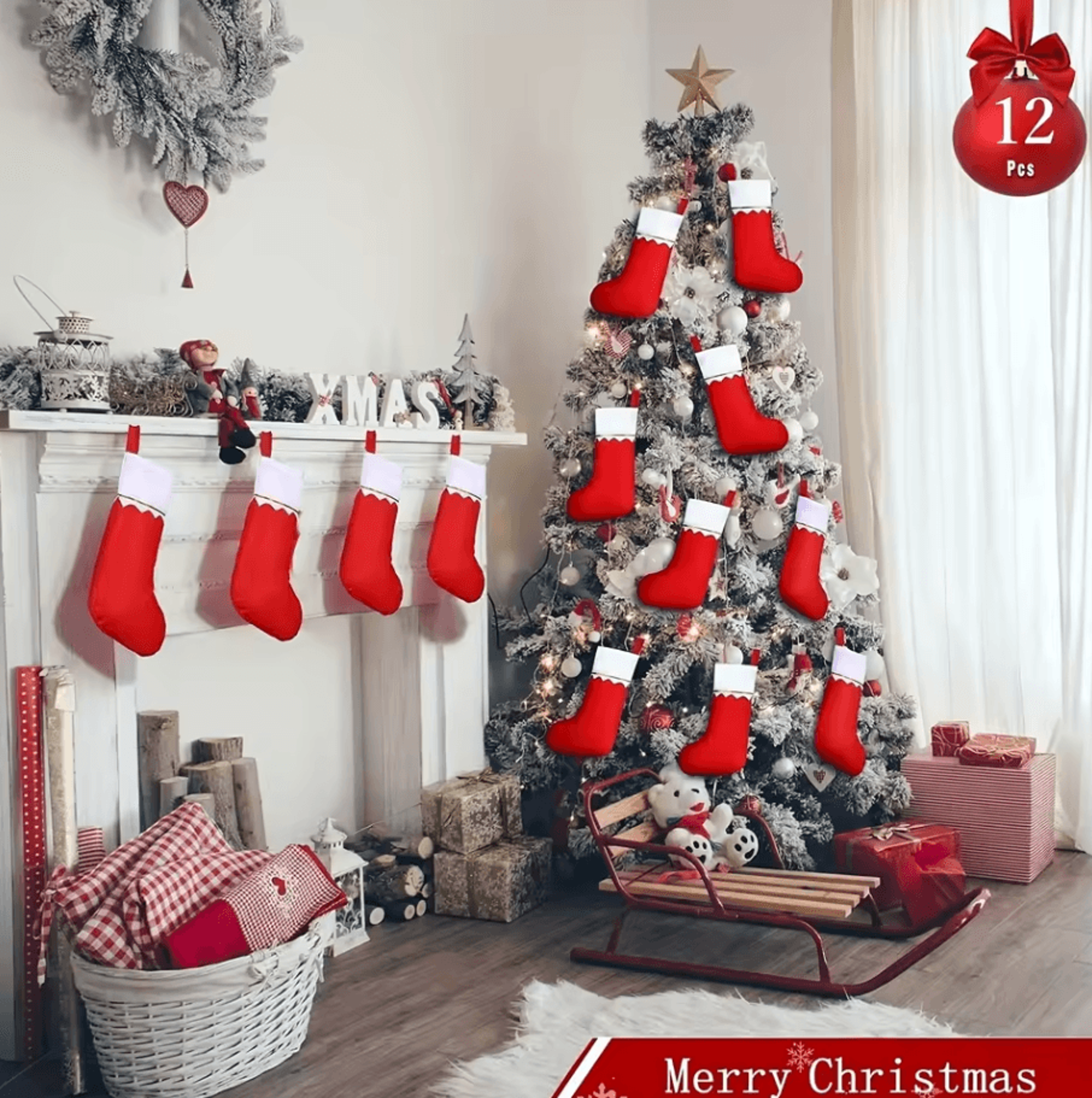12-piece festive red christmas stockings set – santa claus & reindeer design