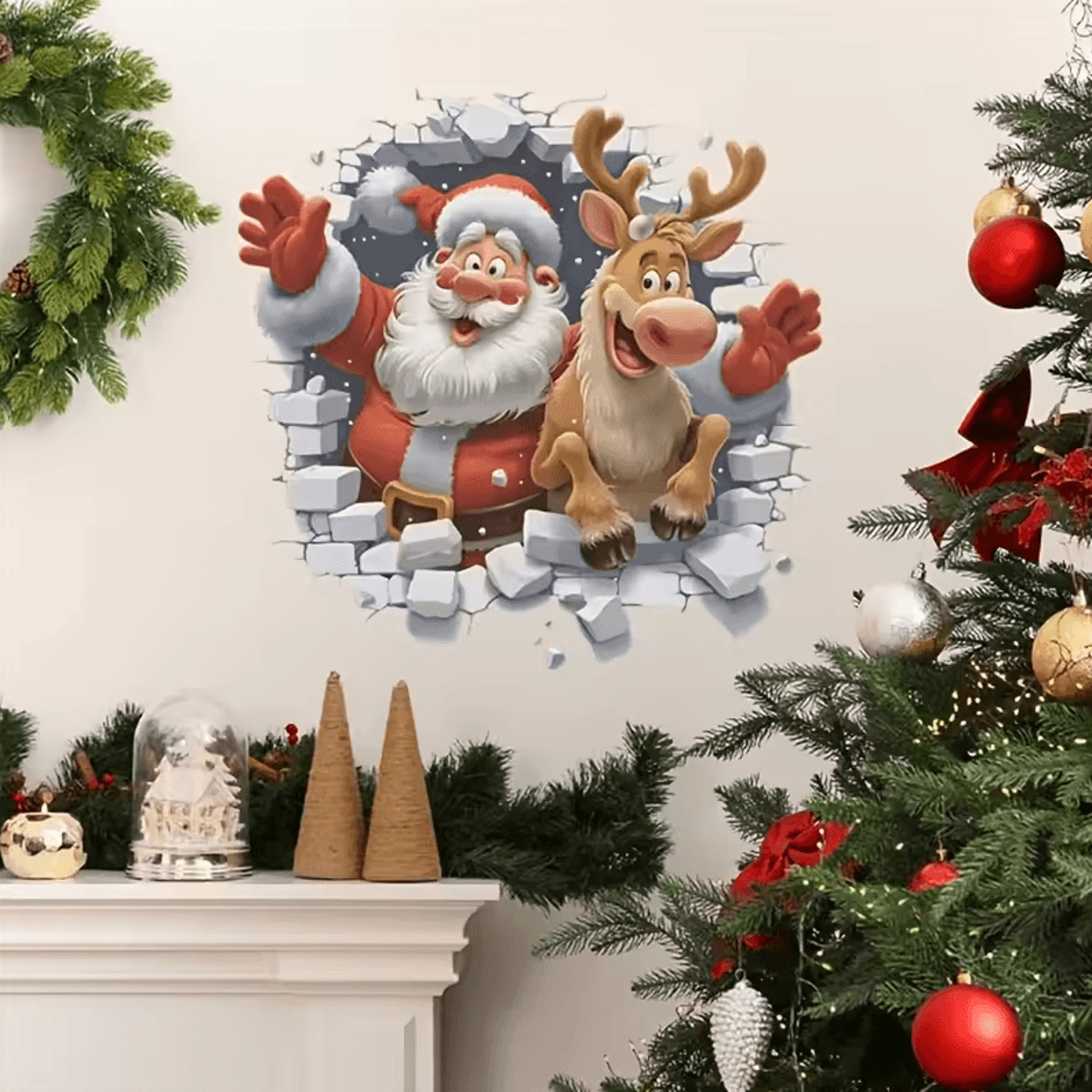 self-adhesive removable 3d santa claus and rudolf wall stickers – christmas decorative decor