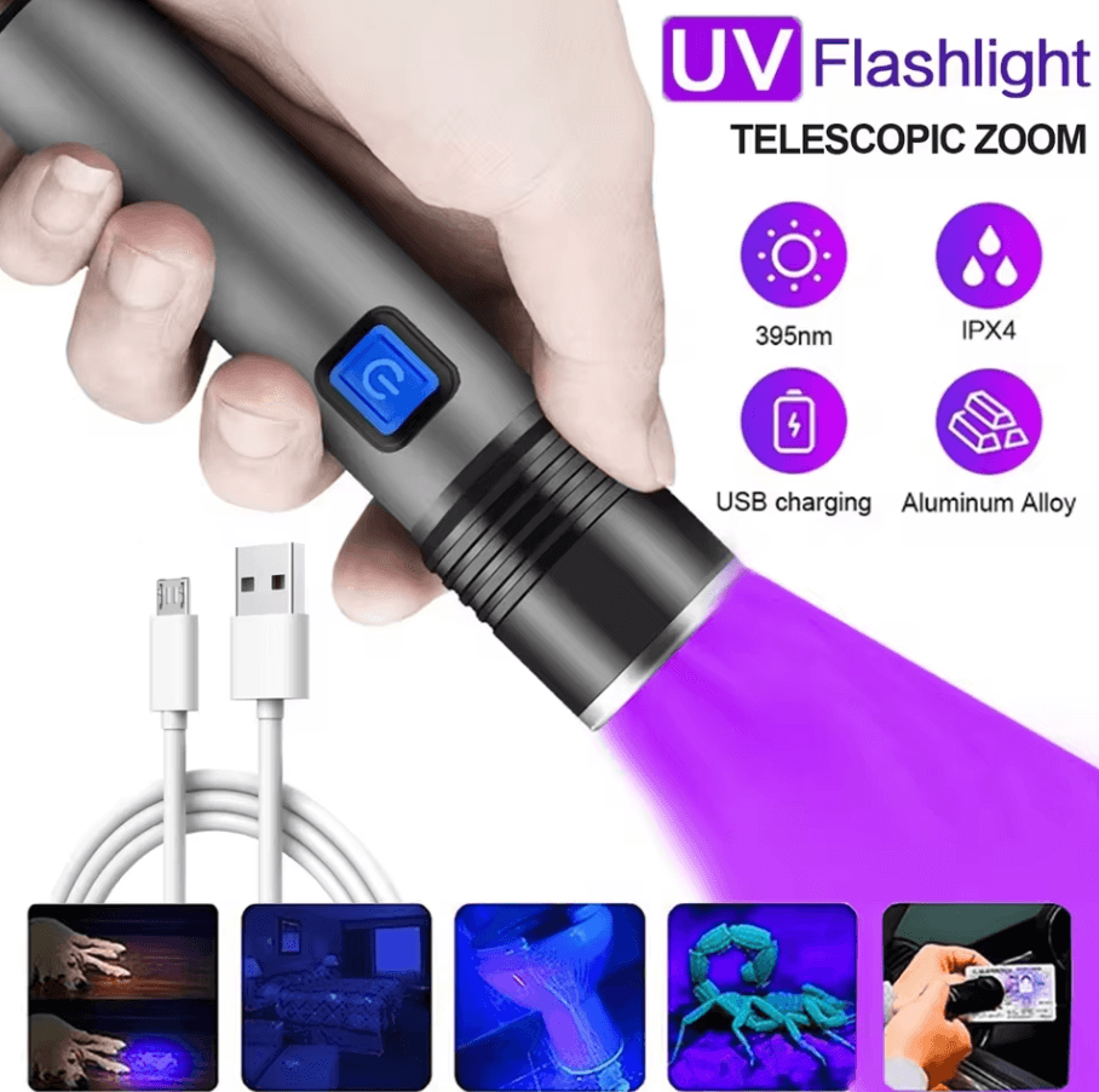395nm uv flashlight blacklight – zoomable usb rechargeable ultraviolet inspection light