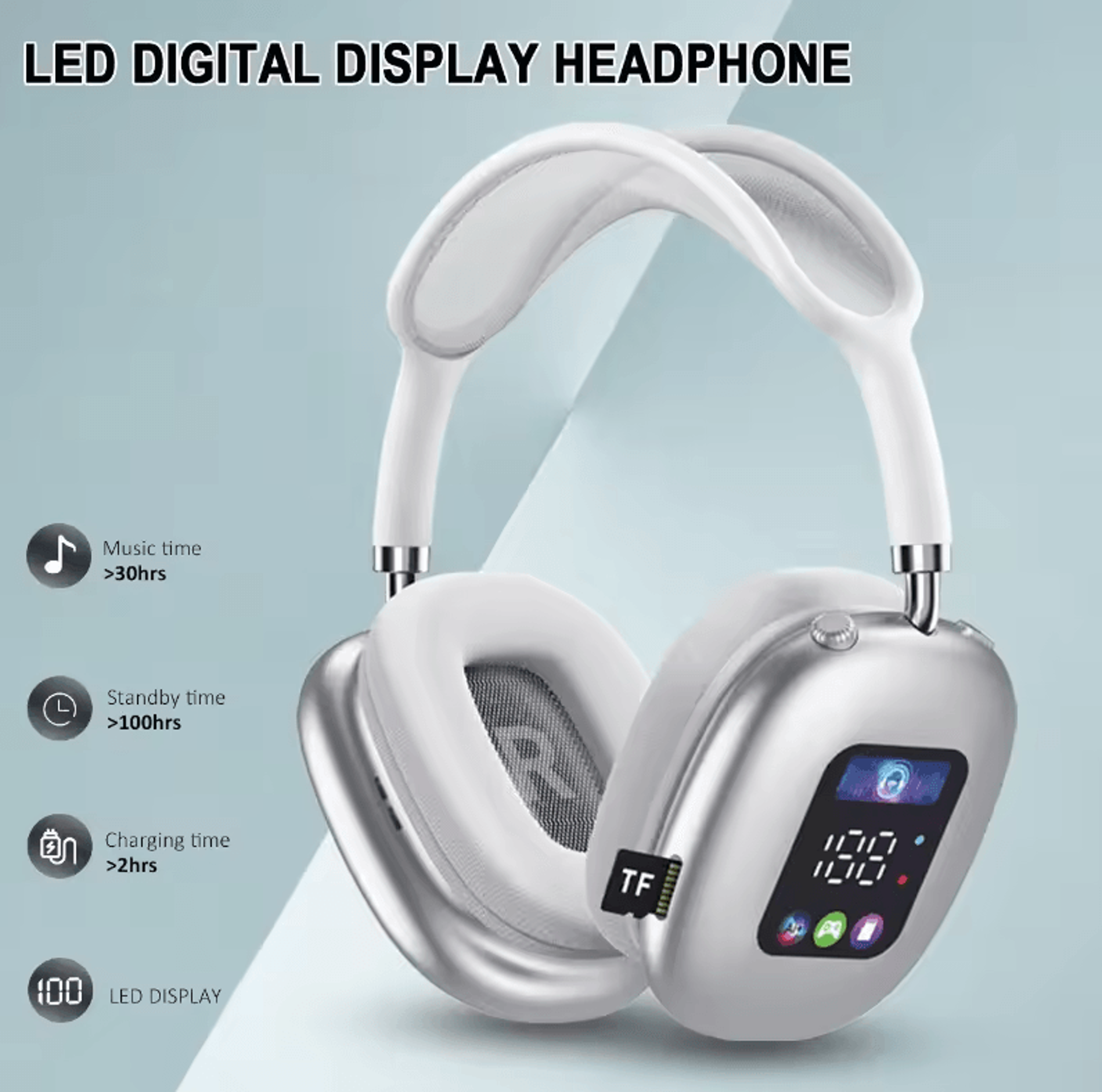wireless bluetooth touch headphones with digital display | head-mounted noise cancellation earphones