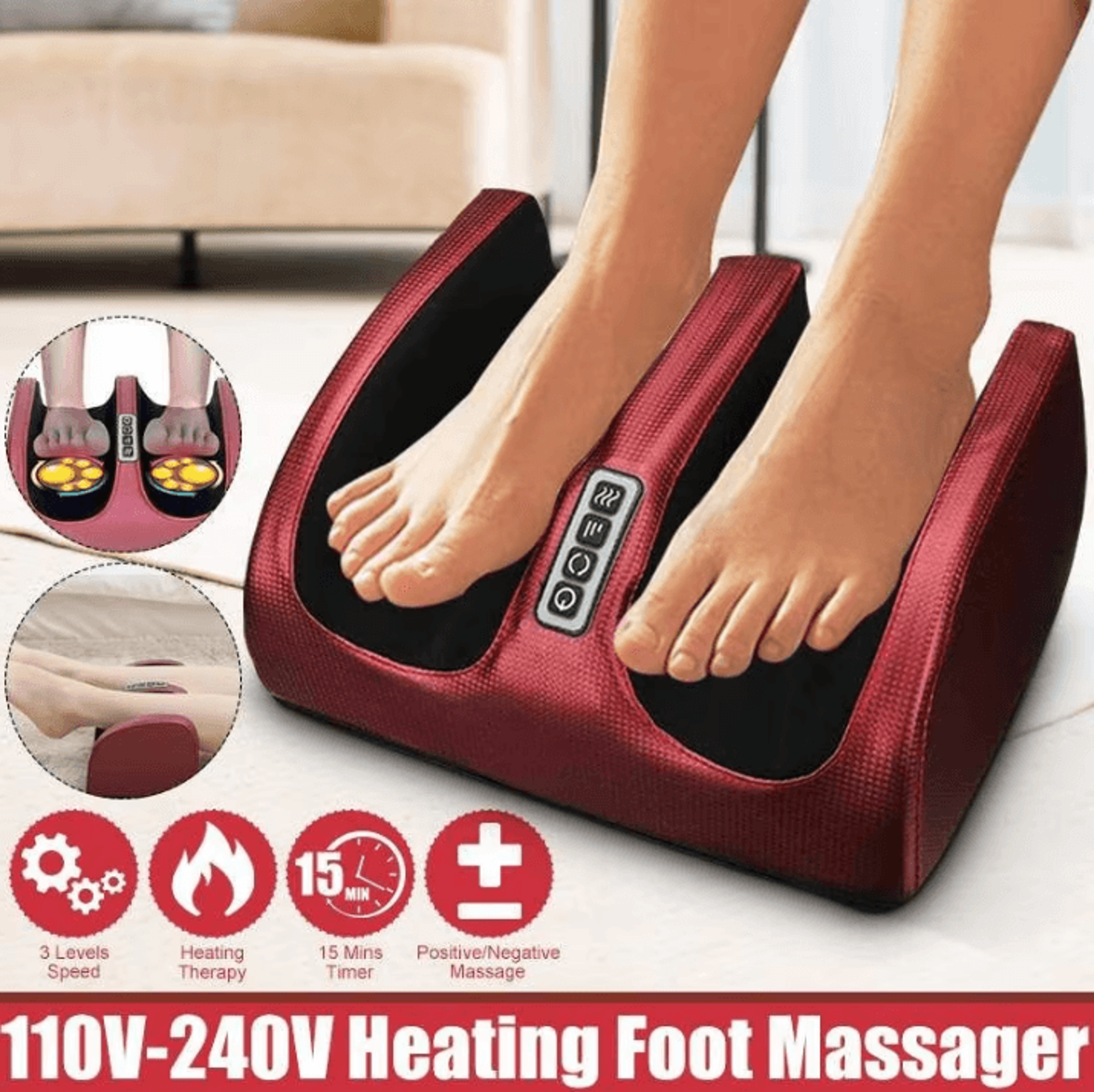 electric foot massager with heating therapy and shiatsu kneading rollers
