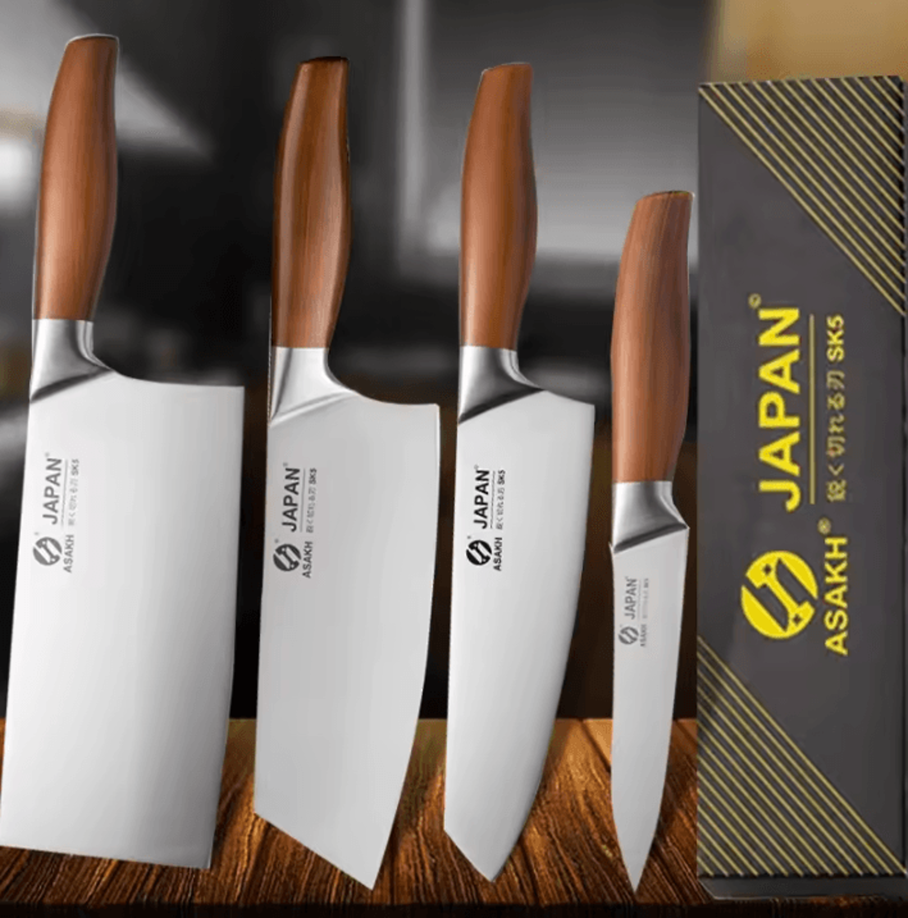 professional japanese kitchen knives set with chef, santoku, fillet, and cleaver