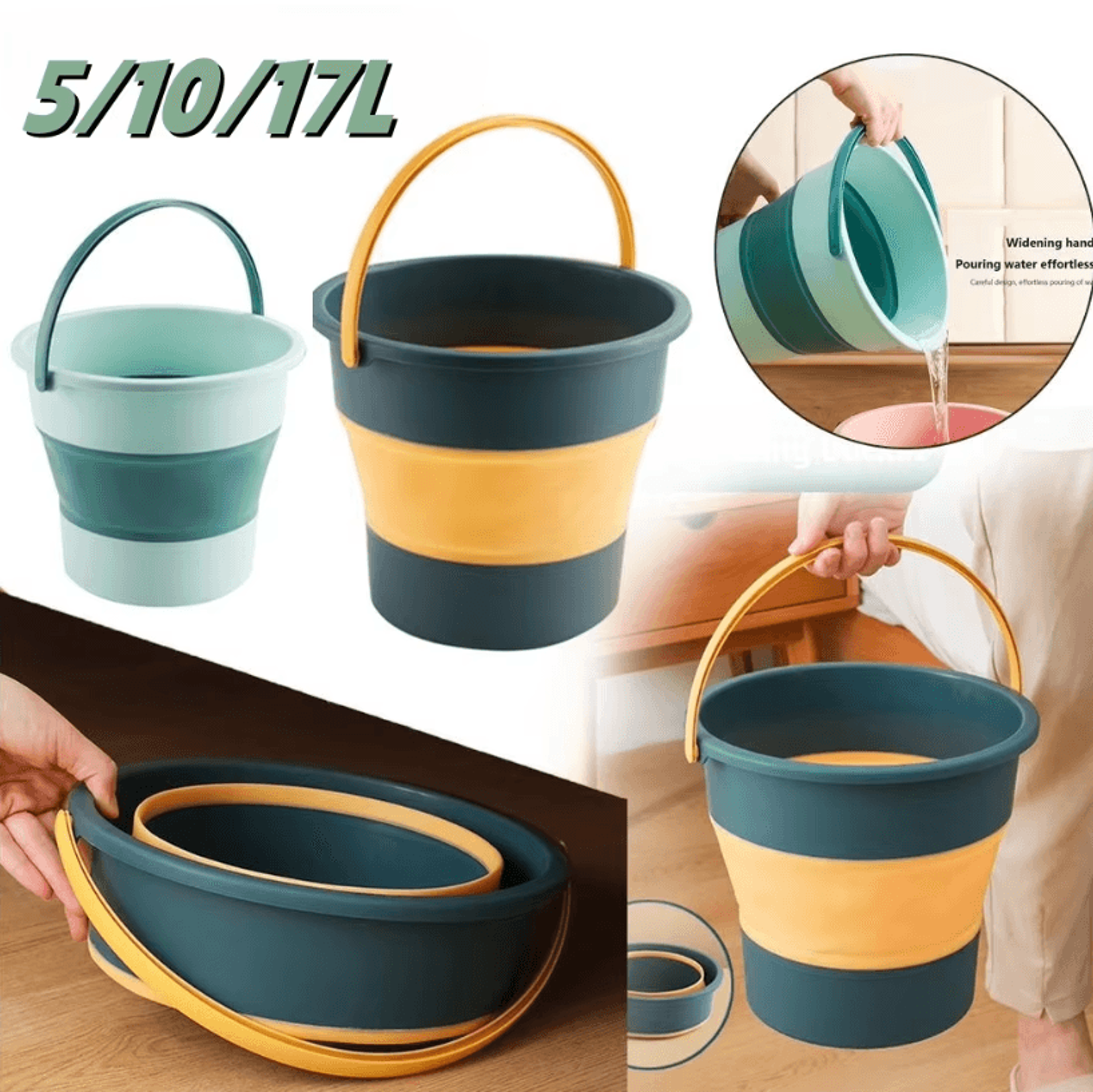 collapsible silicone folding bucket with lid – 5/10/17l portable water bucket for camping, fishing & car wash