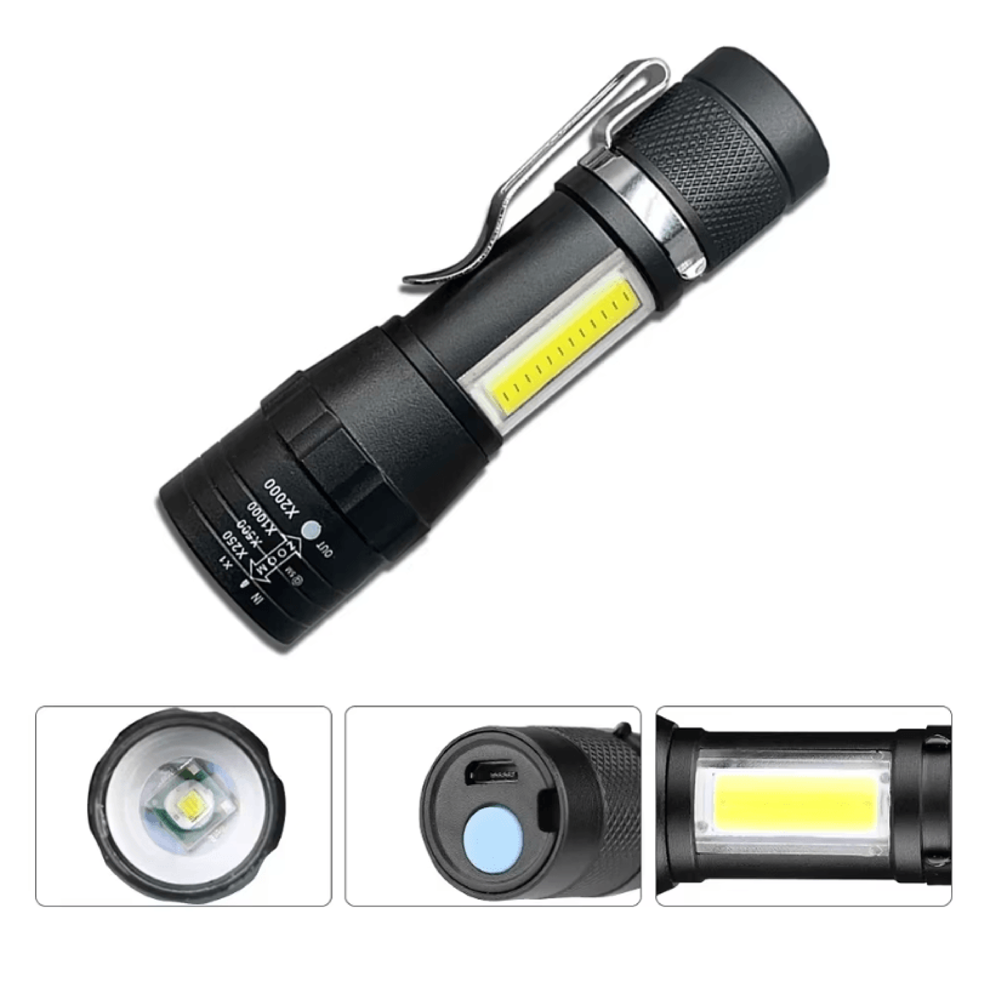 usb rechargeable mini flashlight with cob + xpe torches – portable built-in battery zoomable small torch with 3 modes