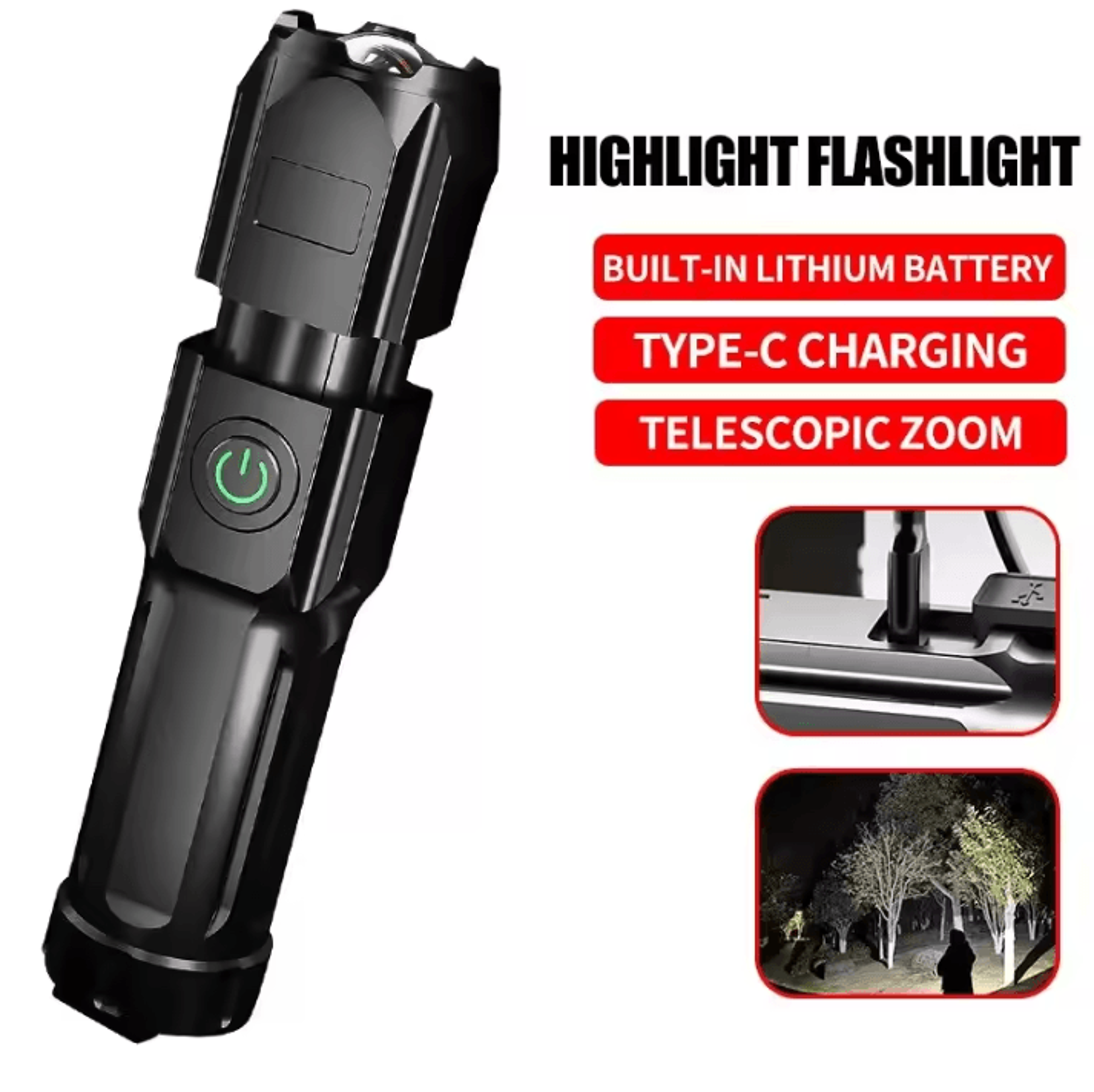 rechargeable tactical flashlight – 100000 lumen led torch with usb, waterproof zoom for fishing & hunting led light