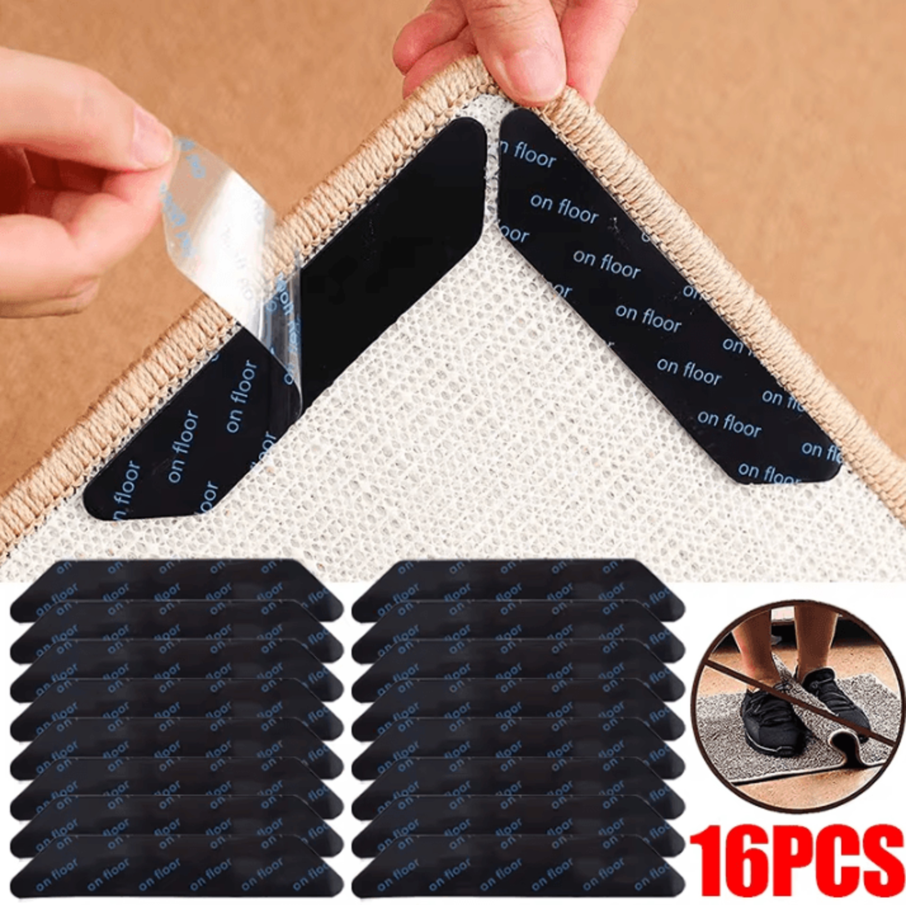 16/8 pcs carpet non-slip sticker – washable rug mat tape gripper for floor and rug fixing with anti-curling corner pads