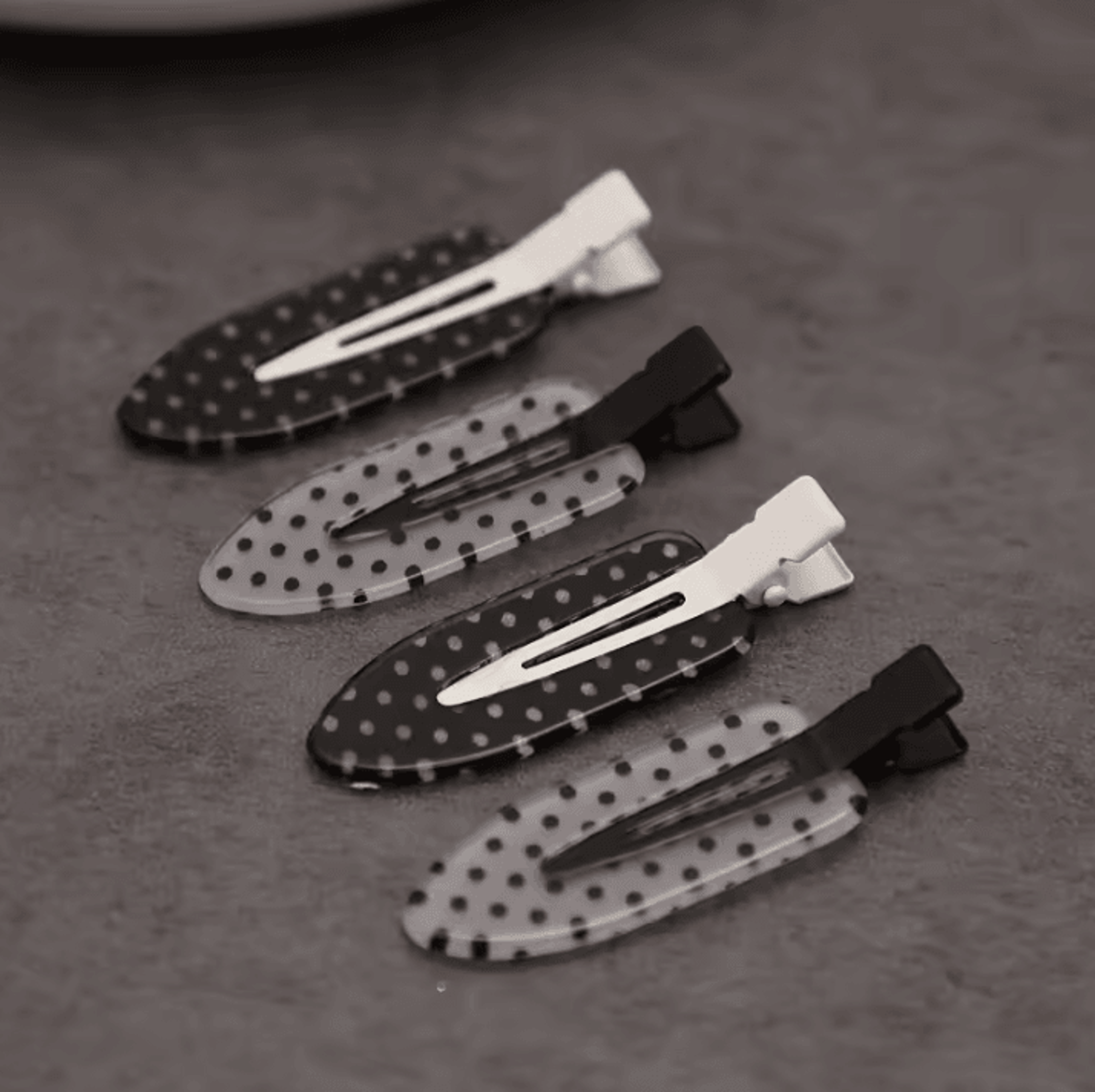 black white acrylic hair clips with polka dot design, polka dot hair accessories and minimalist hair clips