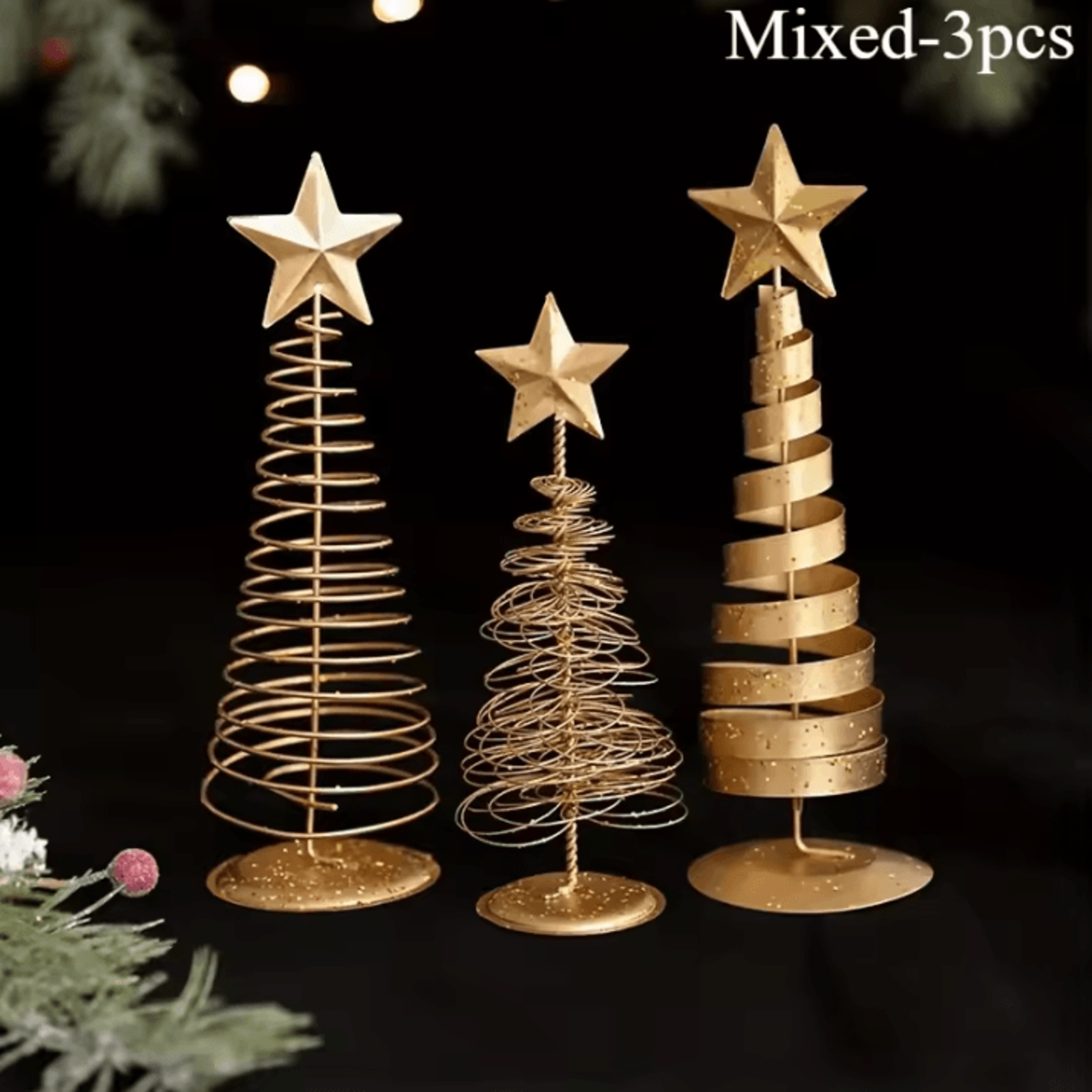 iron christmas tree ornament golden holiday home decoration, festive tabletop xmas figurine