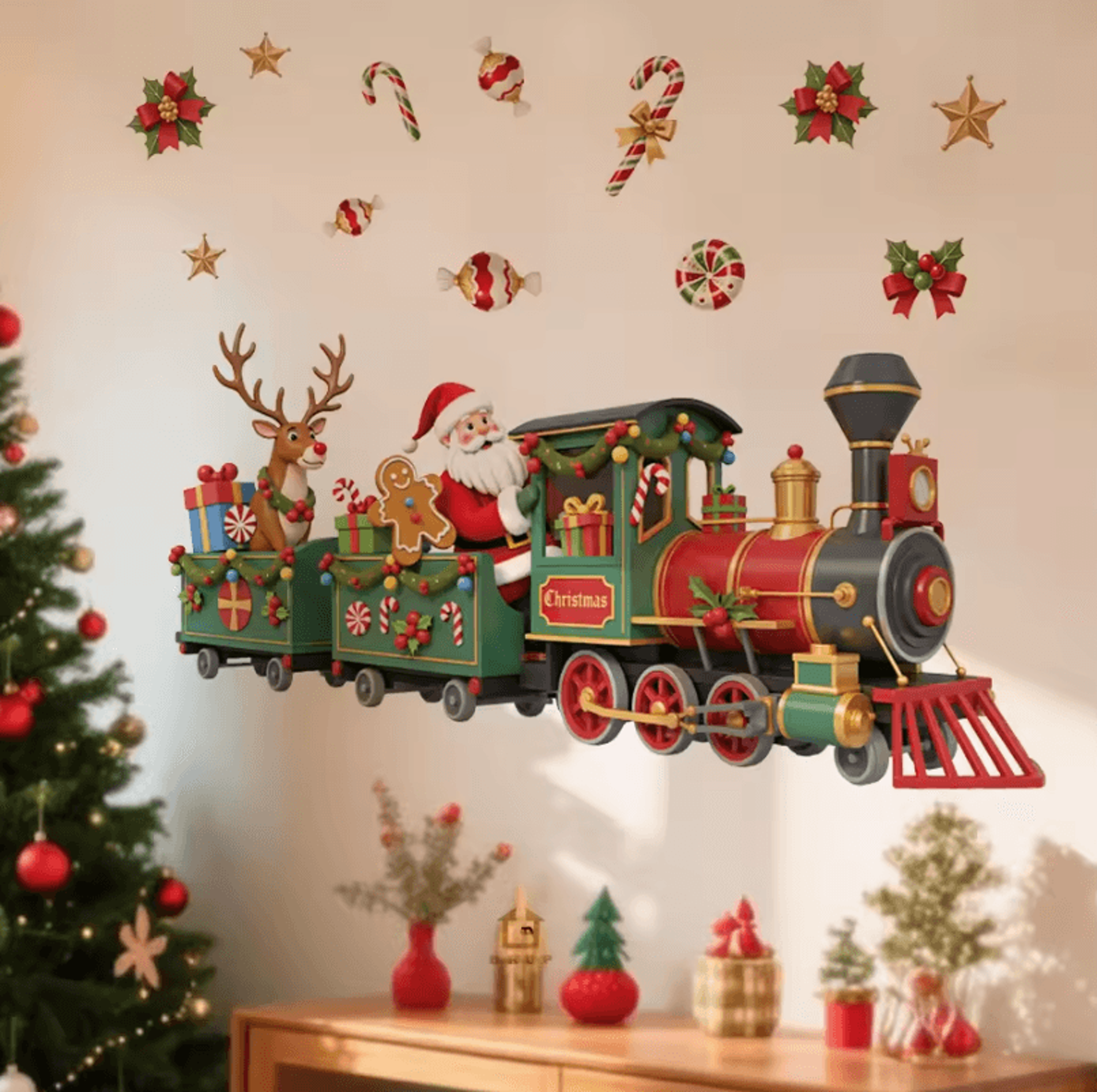 santa train christmas wall sticker – whimsical removable christmas wall decals self-adhesive holiday room decor sticker