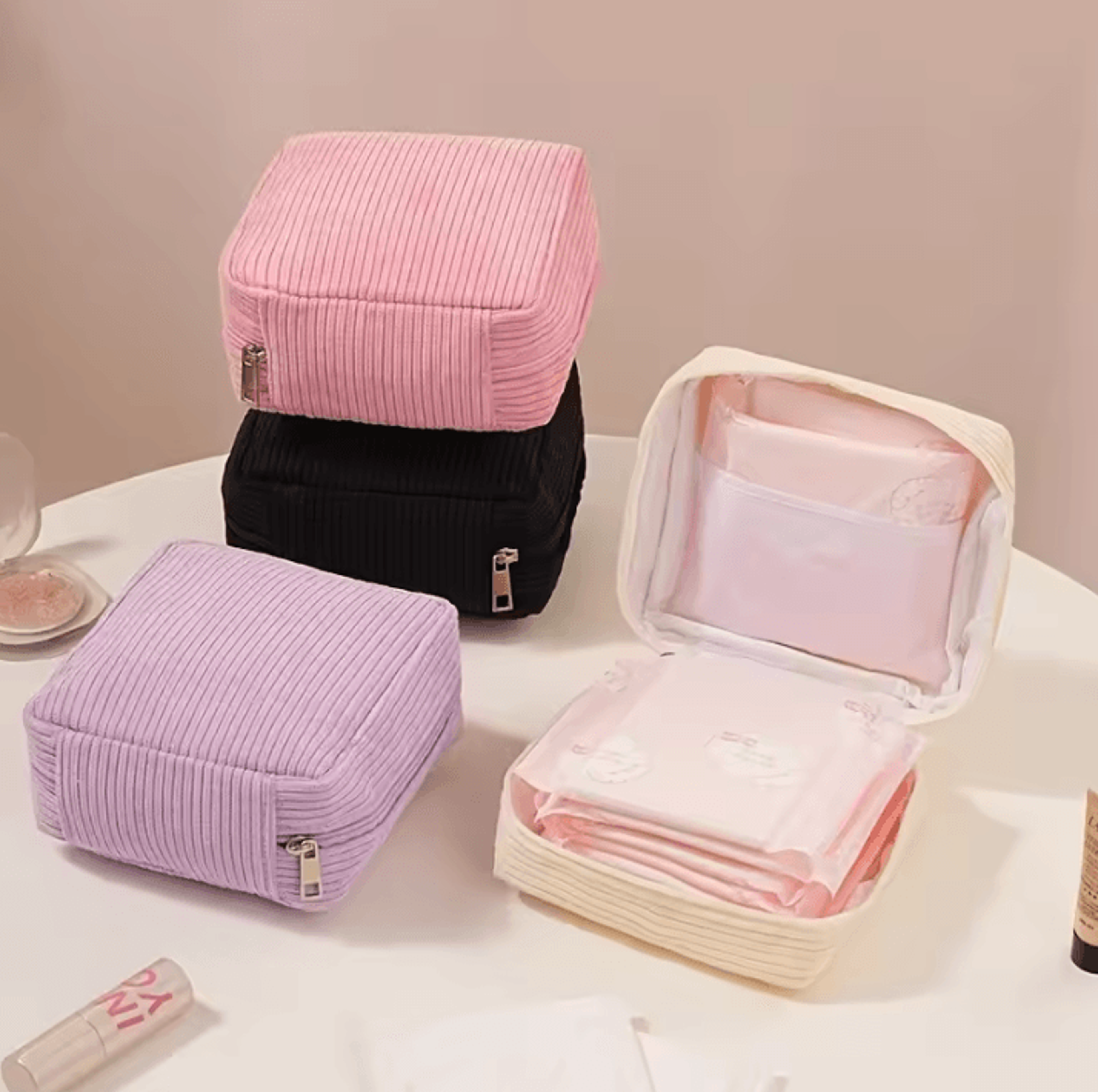 makeup & toiletry storage bag – solid color sanitary napkin organizer bag, large capacity travel pouch