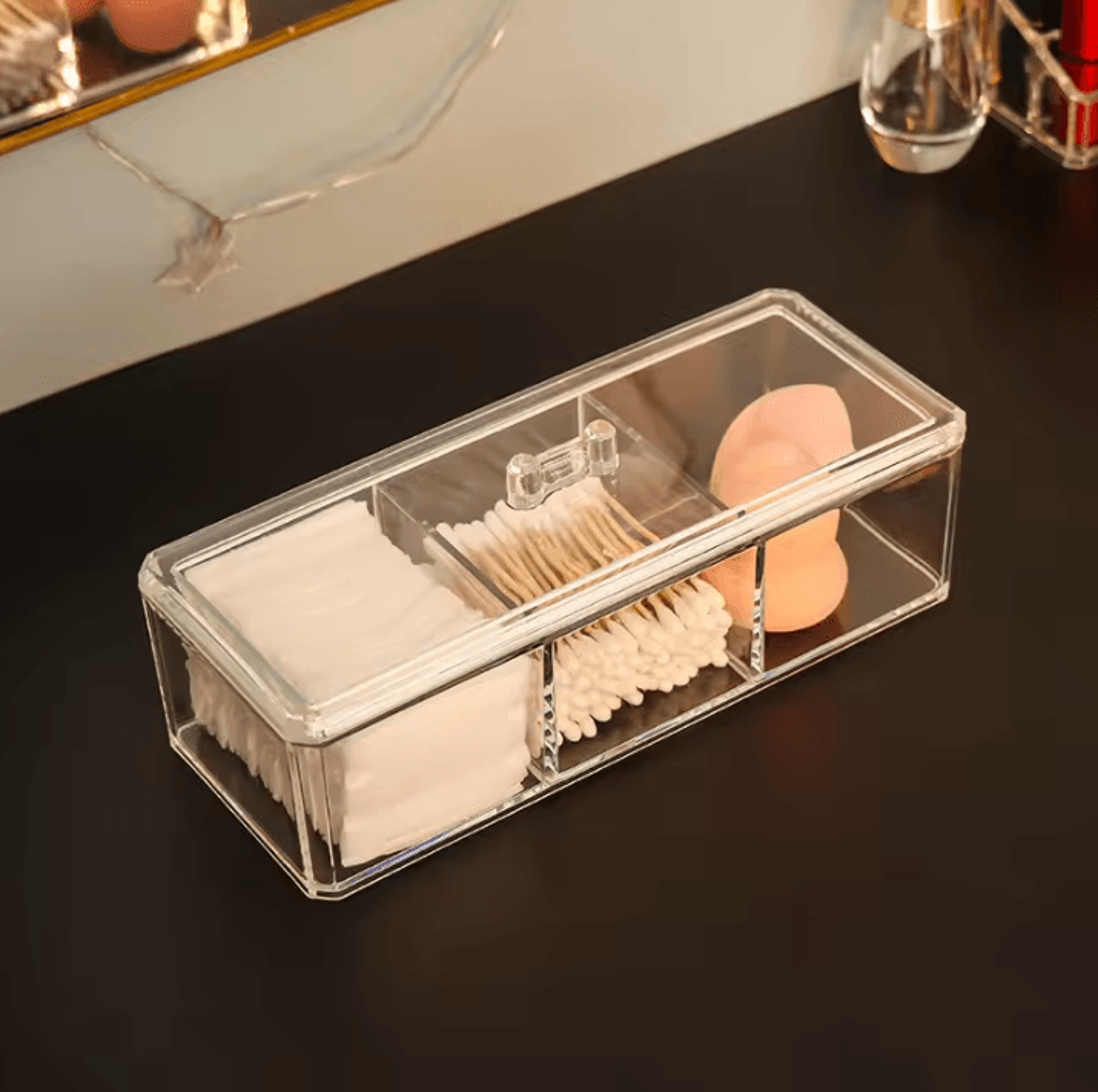 acrylic makeup organizer – transparent cosmetic storage box with three-grid storage container for cotton swabs and pads
