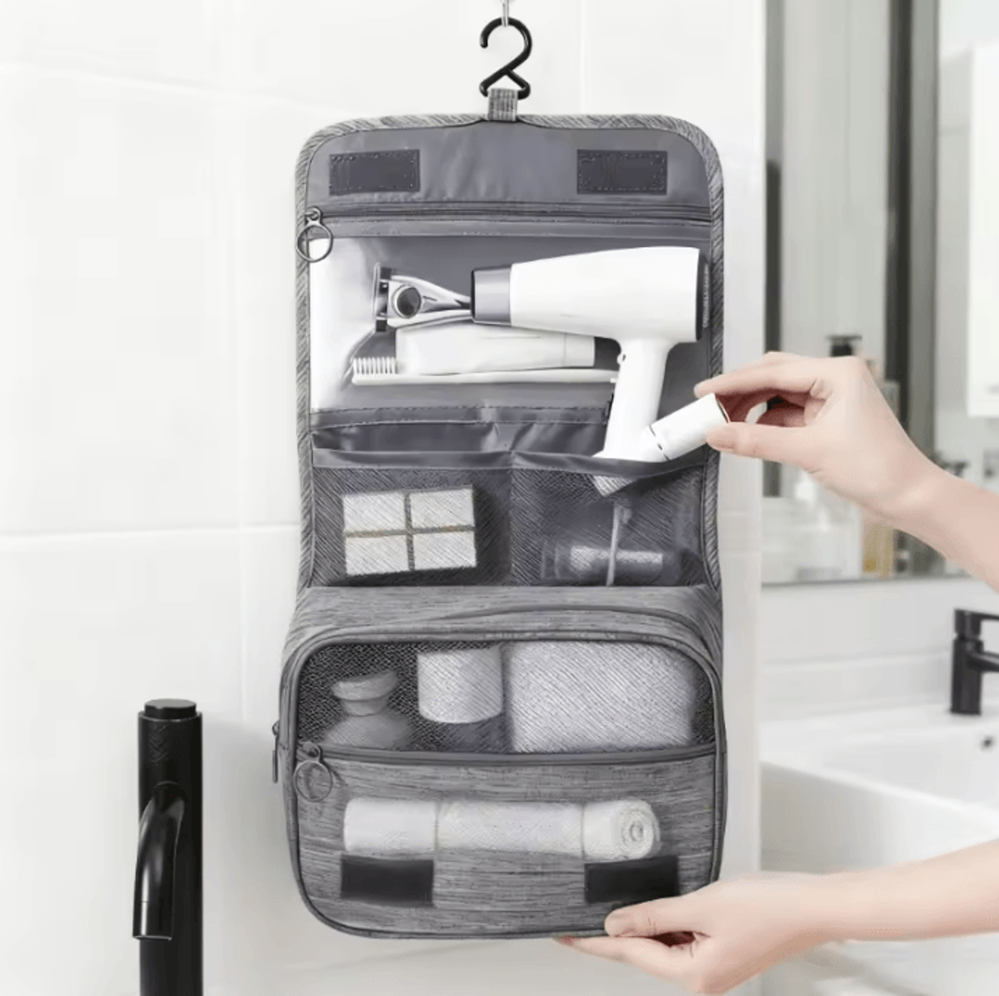 multi-functional travel toiletry bag with hanging hook – waterproof makeup and cosmetic storage organizer