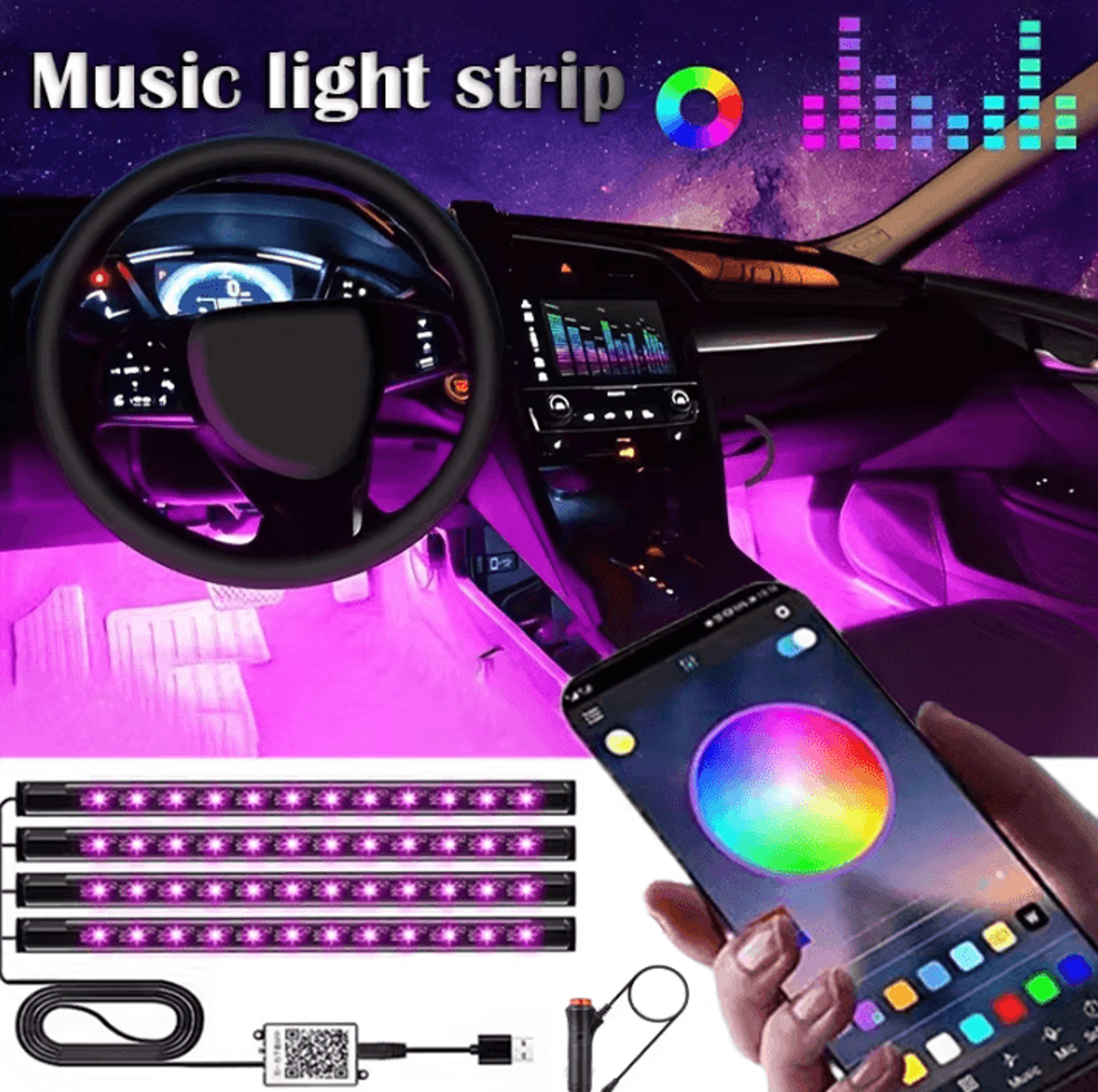 led car music light strip smart bluetooth rgb usb interior atmosphere lighting for vehicle