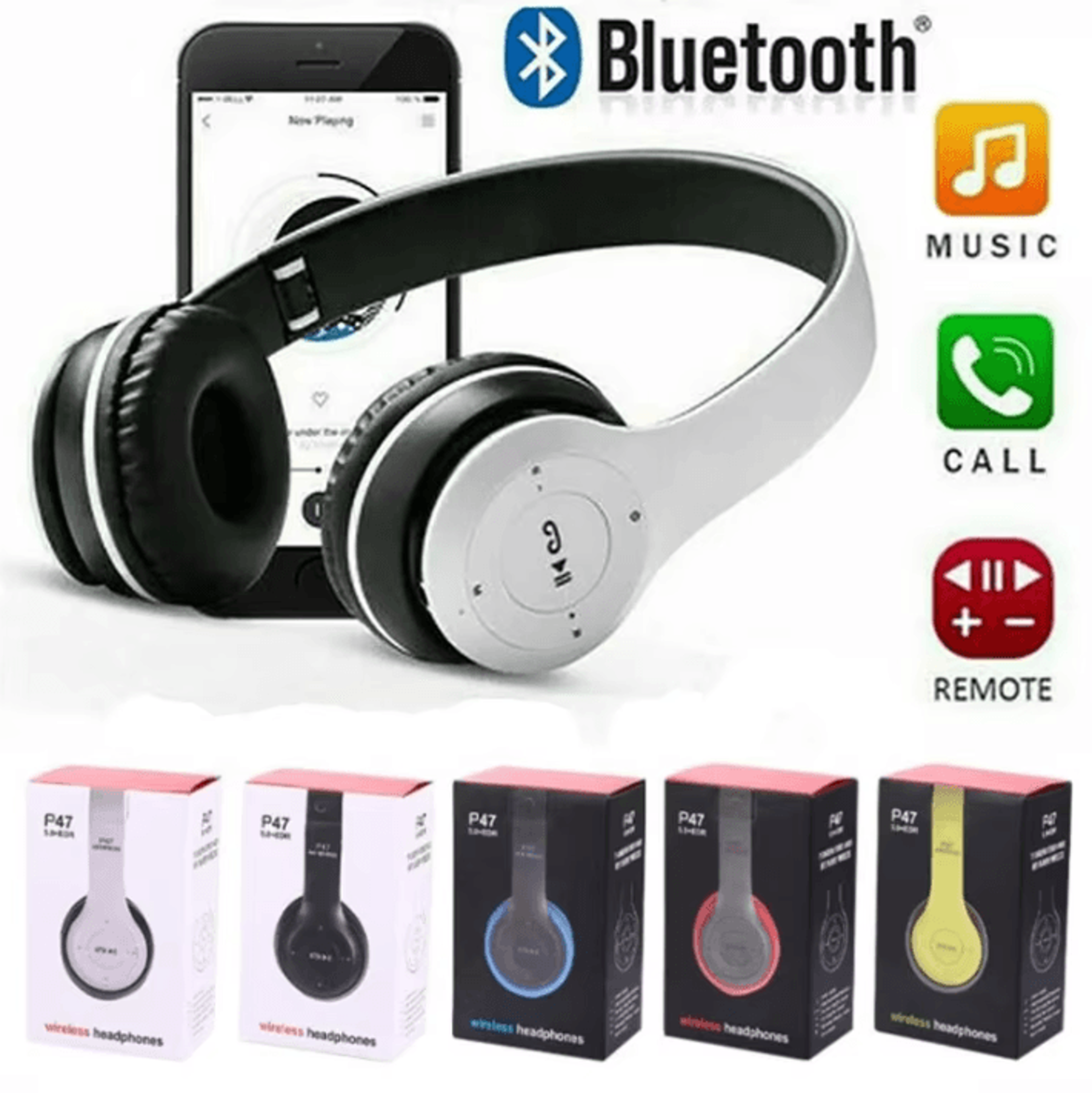 handsfree wireless bluetooth headphones p47 with noise canceling, compatible with iphone huawei samsung