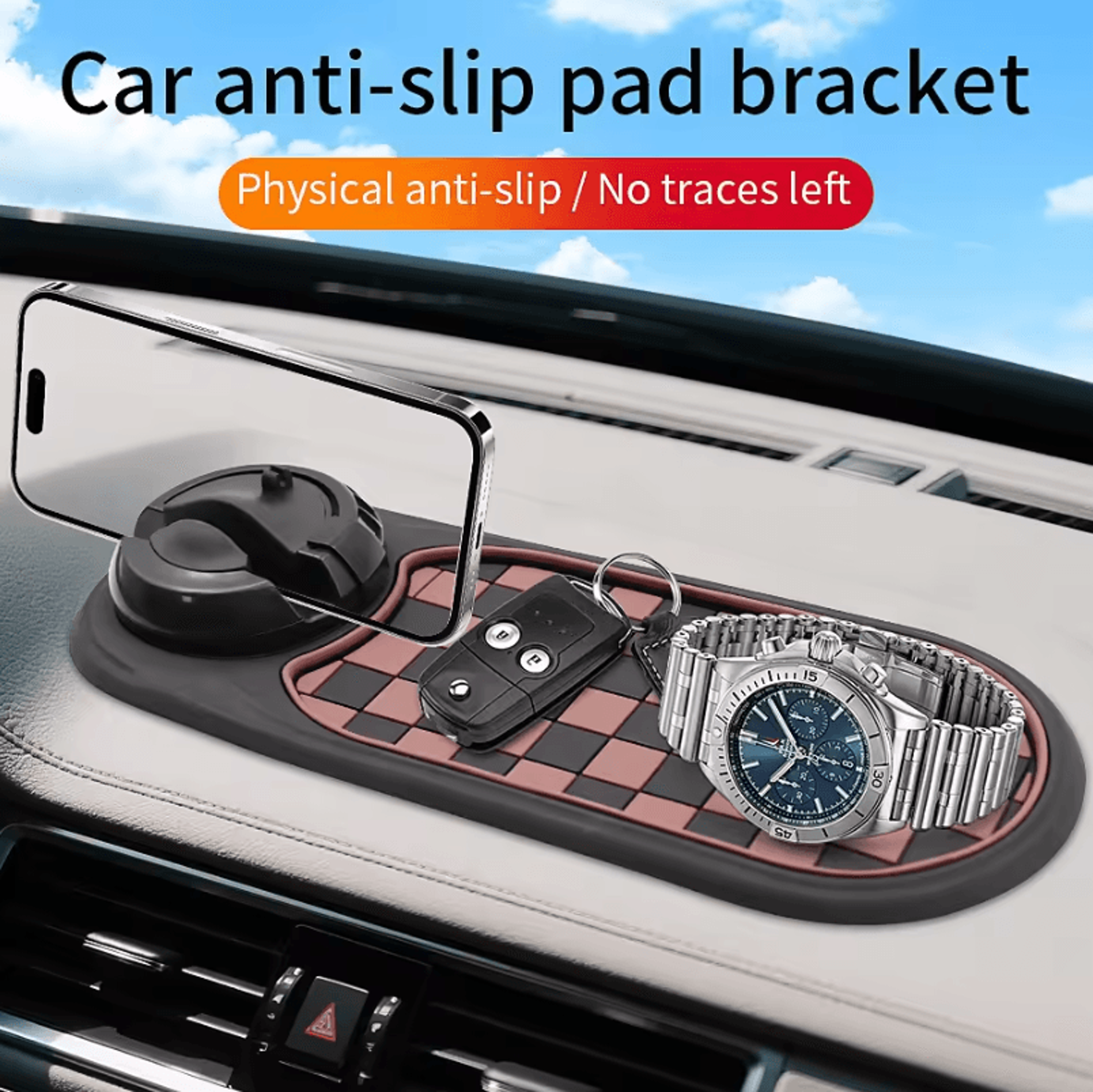 3-in-1 dashboard phone holder – anti-slip car phone mount with 360 degree rotation and non-slip adhesive mat