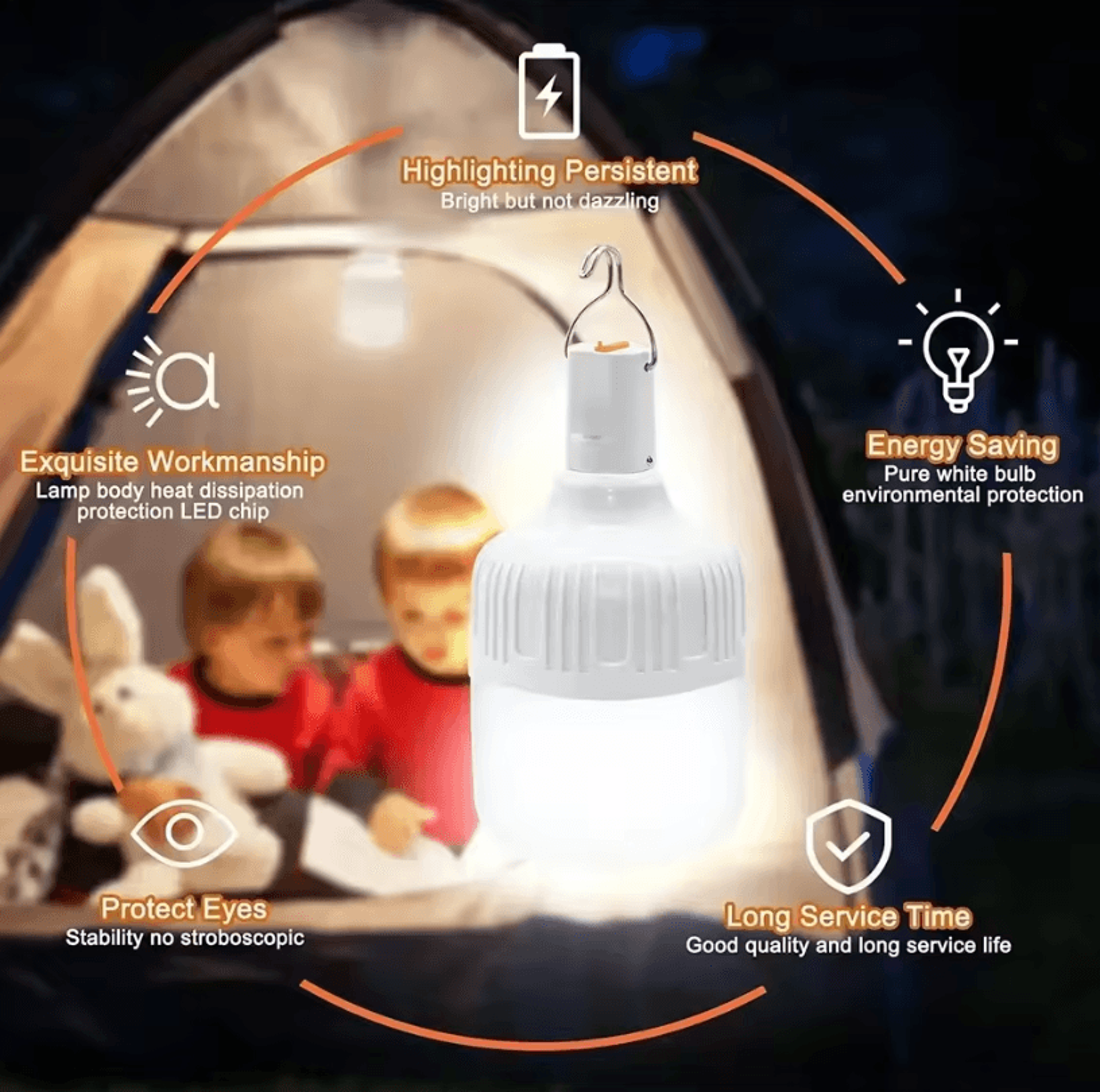 multifunctional rechargeable led camping light – portable usb charging lantern with hook, dimmable outdoor lamp