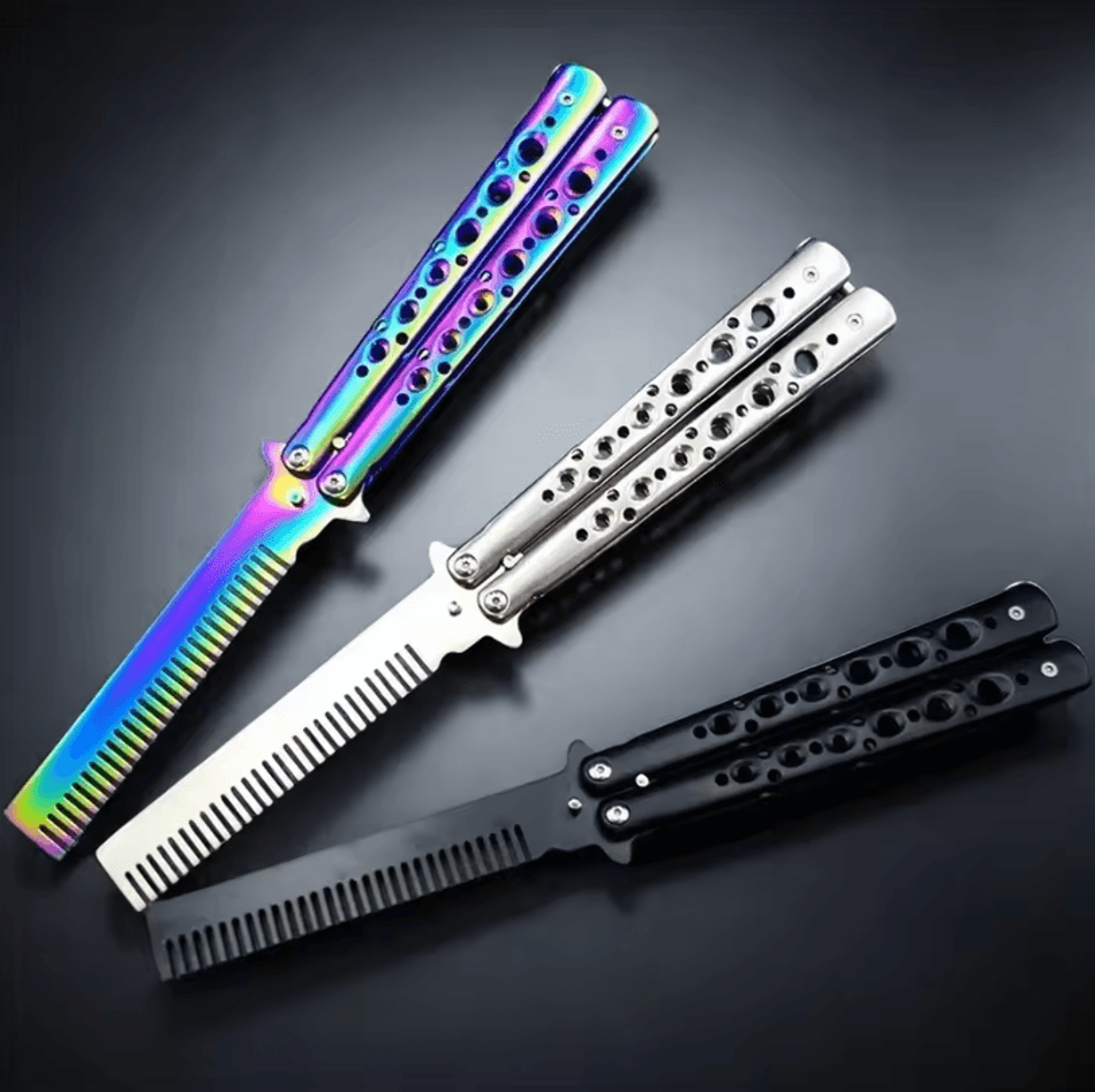 foldable stainless steel comb butterfly knife style grooming tool for beard and moustache