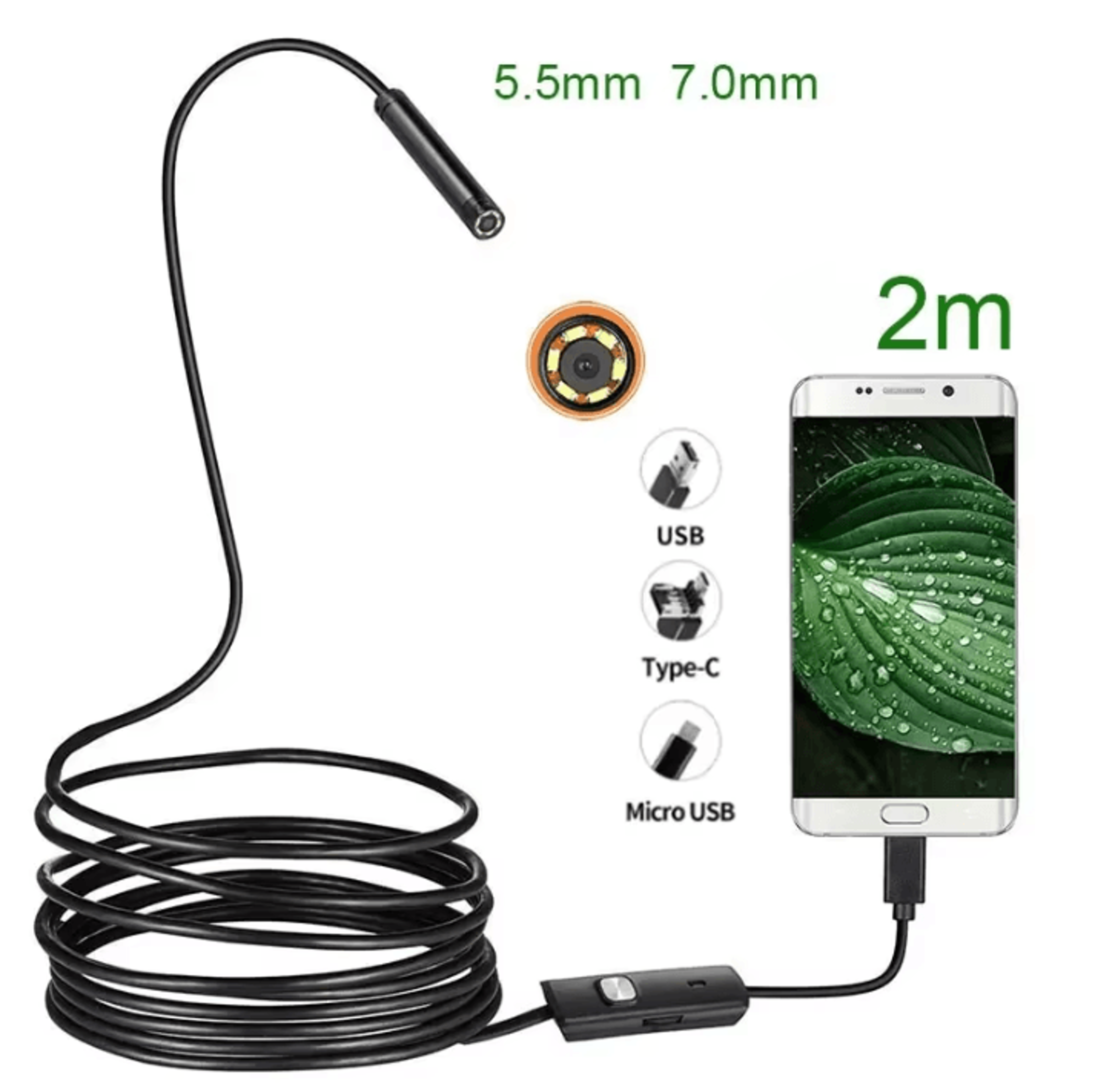 5.5 mm 2m long 3 in 1 android endoscope inspection camera with usb, micro usb, and type-c connectivity