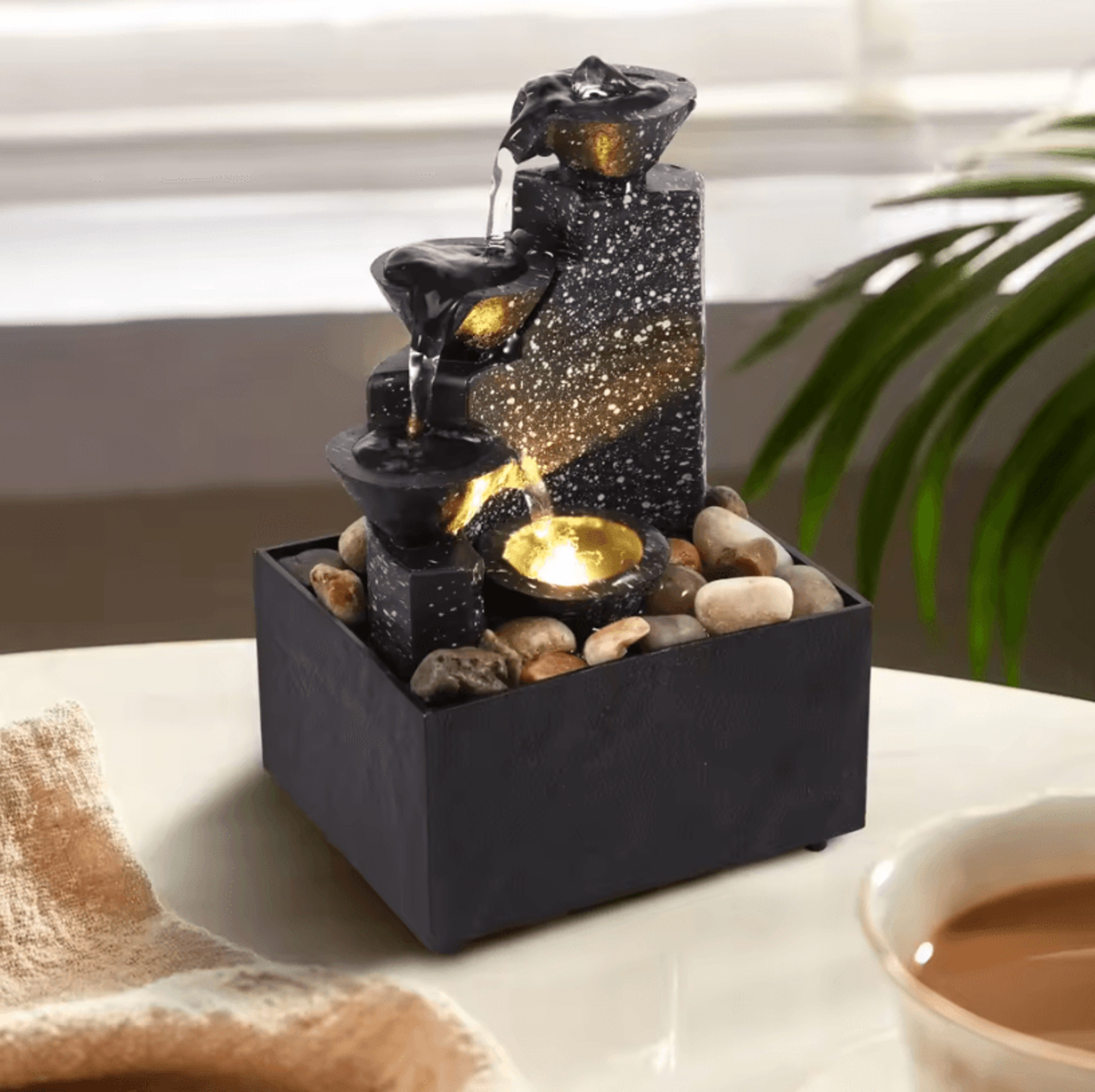 tabletop waterfall fountain with soft lights – relaxation and meditation home decor