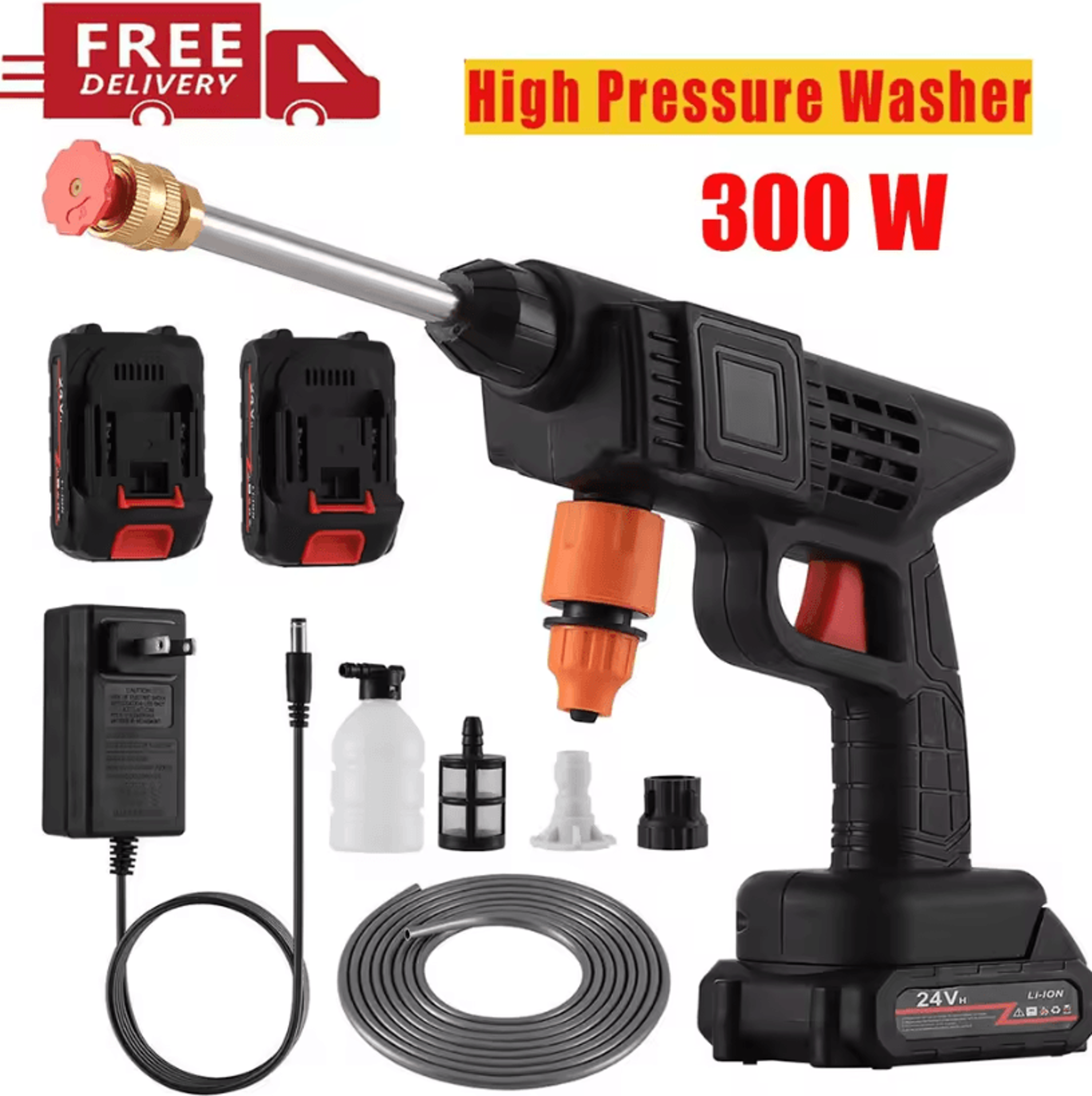 300w 30bar cordless high pressure car washer – portable rechargeable spray water gun with foam generator