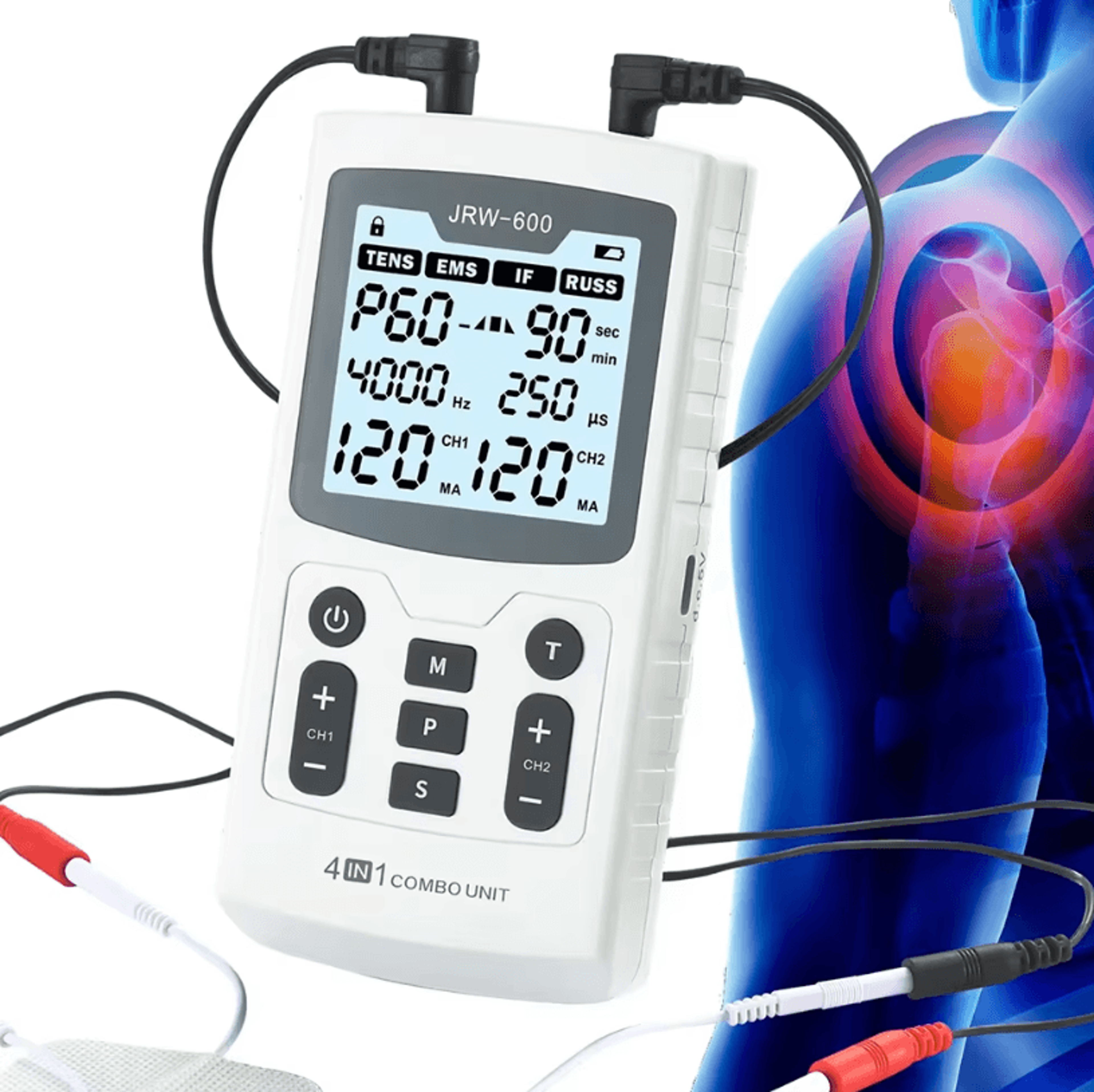 4-in-1 electric muscle stimulator with tens, ems, interferential and russ modes