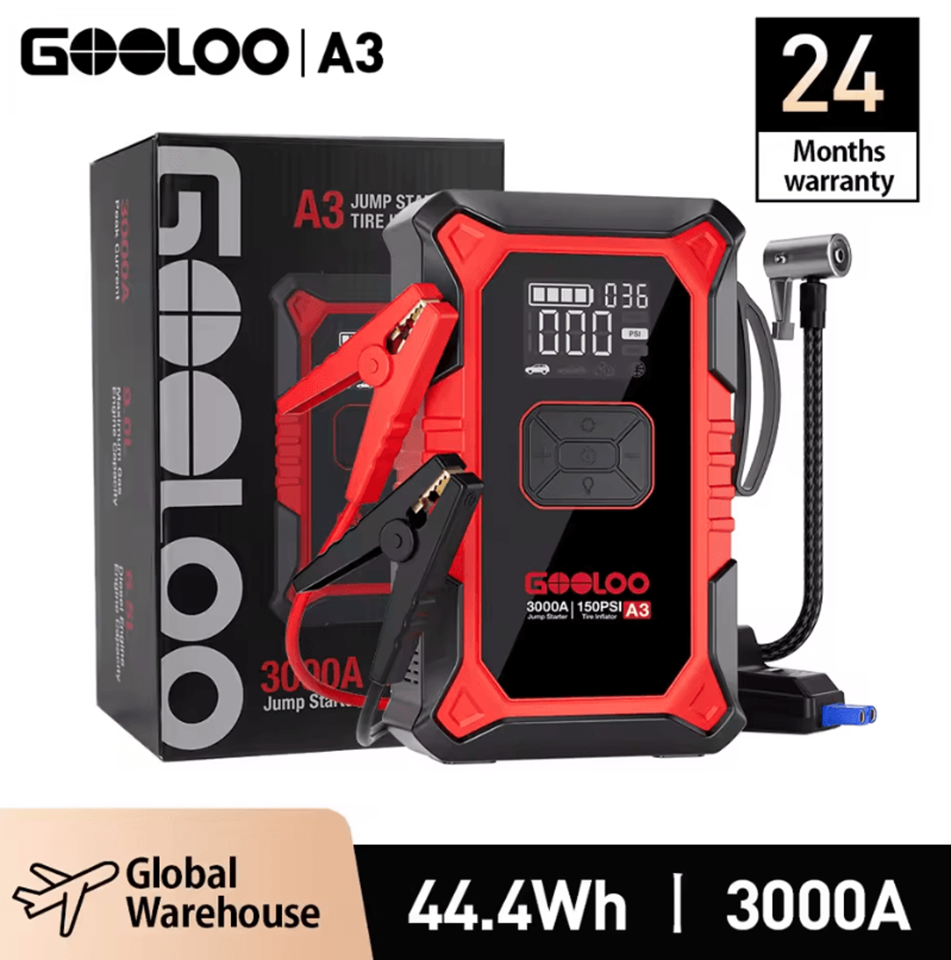 gooloo a3 portable car jump starter with air compressor – 3000a battery booster and 150psi auto shut-off