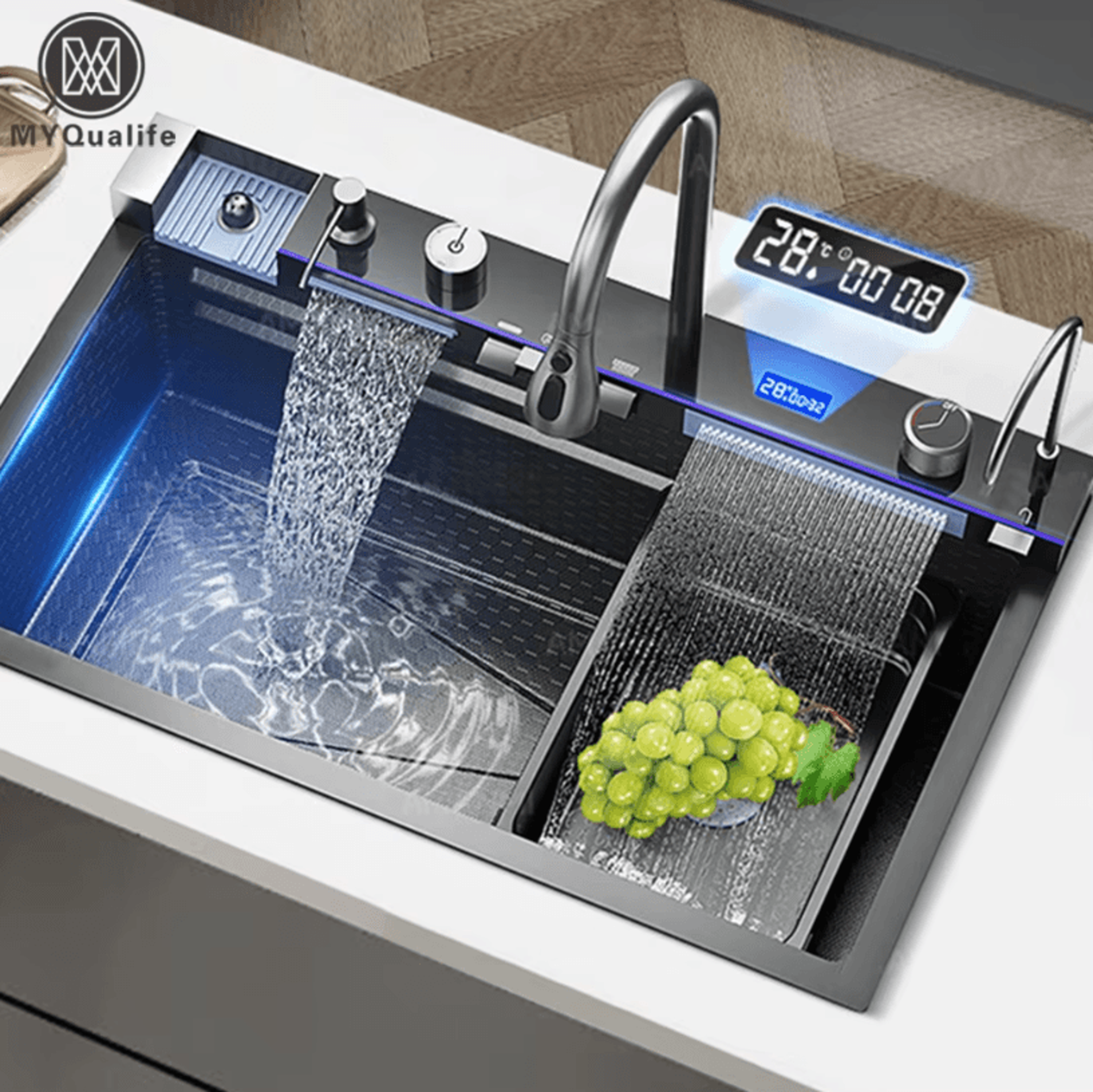 304 stainless steel waterfall kitchen sink – large single basin with digital display faucet and soap dispenser