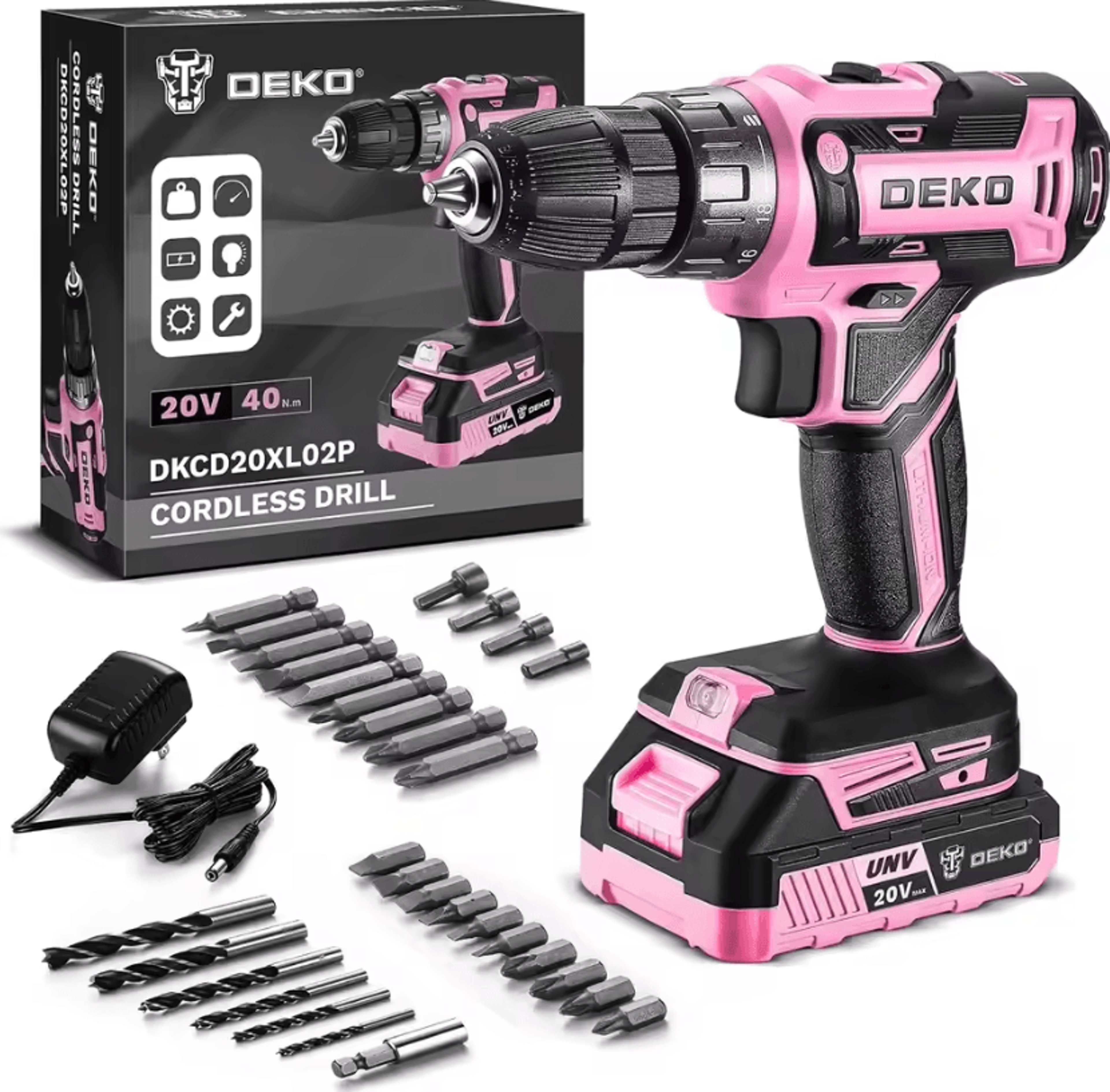 deko 20v pink cordless power drill kit – electric drill tool set for diy and home projects