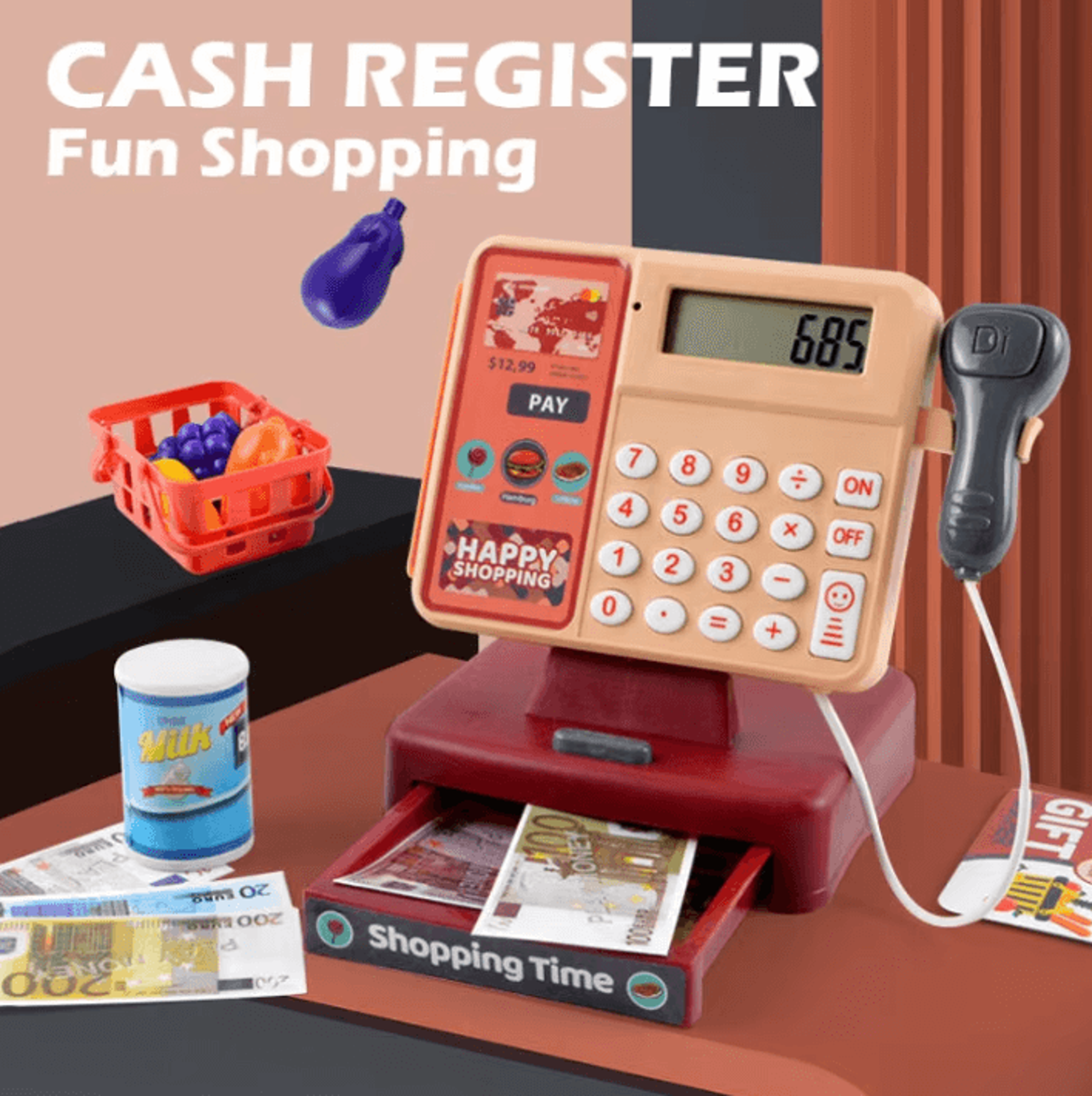 kids supermarket play set – scanning cash register with coins, bills, sound & lights