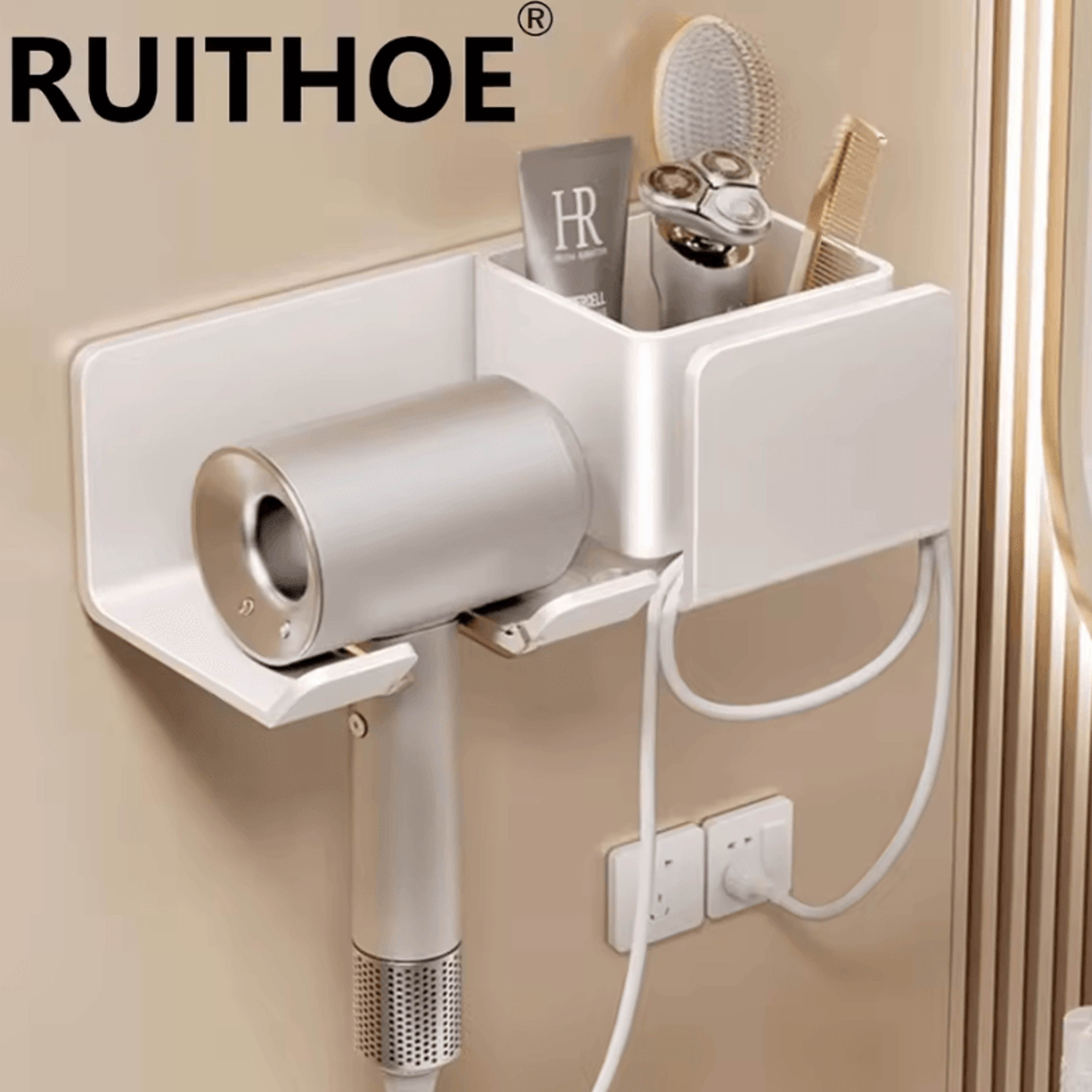 hair dryer holder wall mount – stylish hair tool organizer shelf for bathroom and vanity