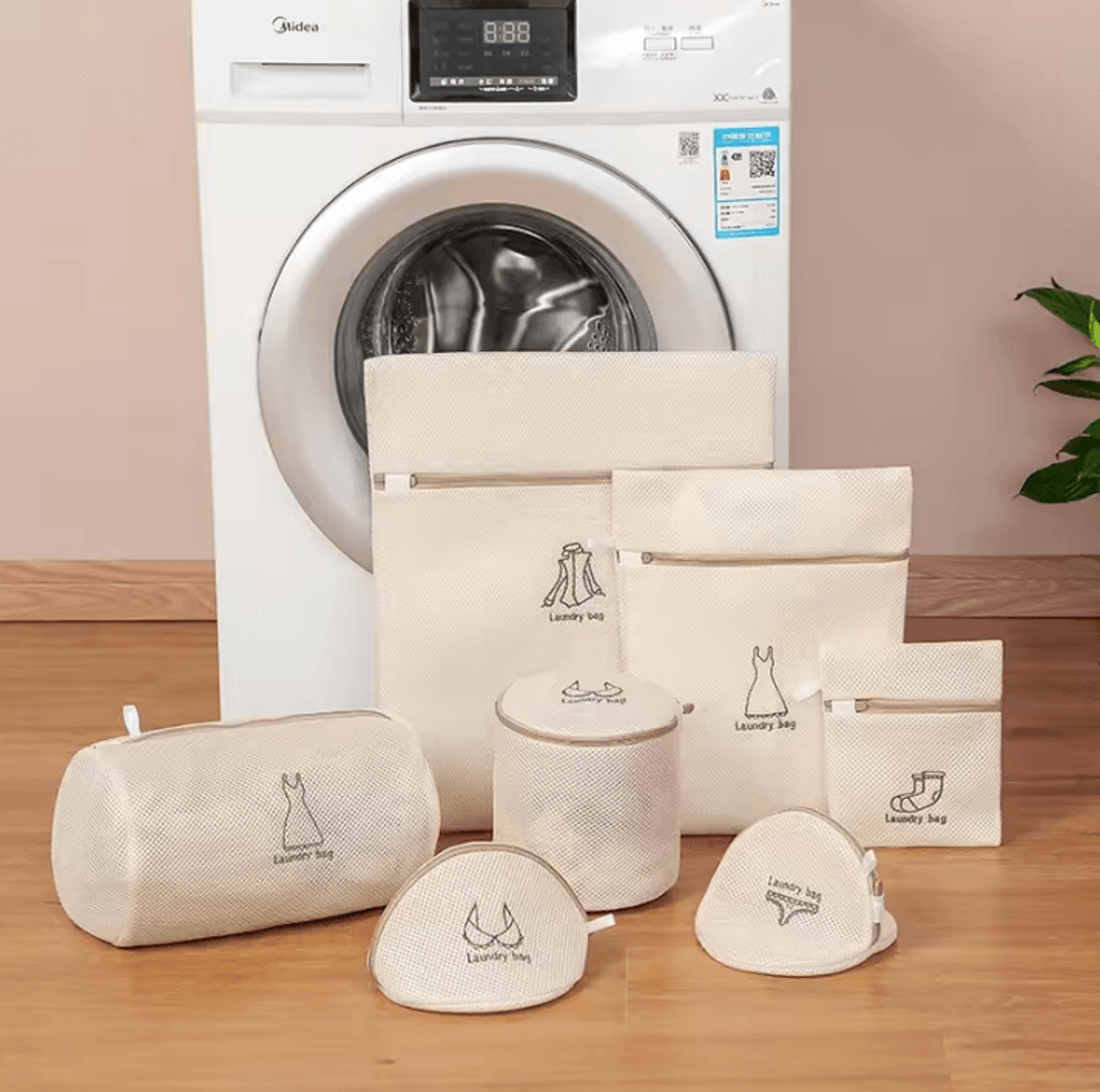 laundry bag for clothes – fine mesh beige embroidery washing bags set