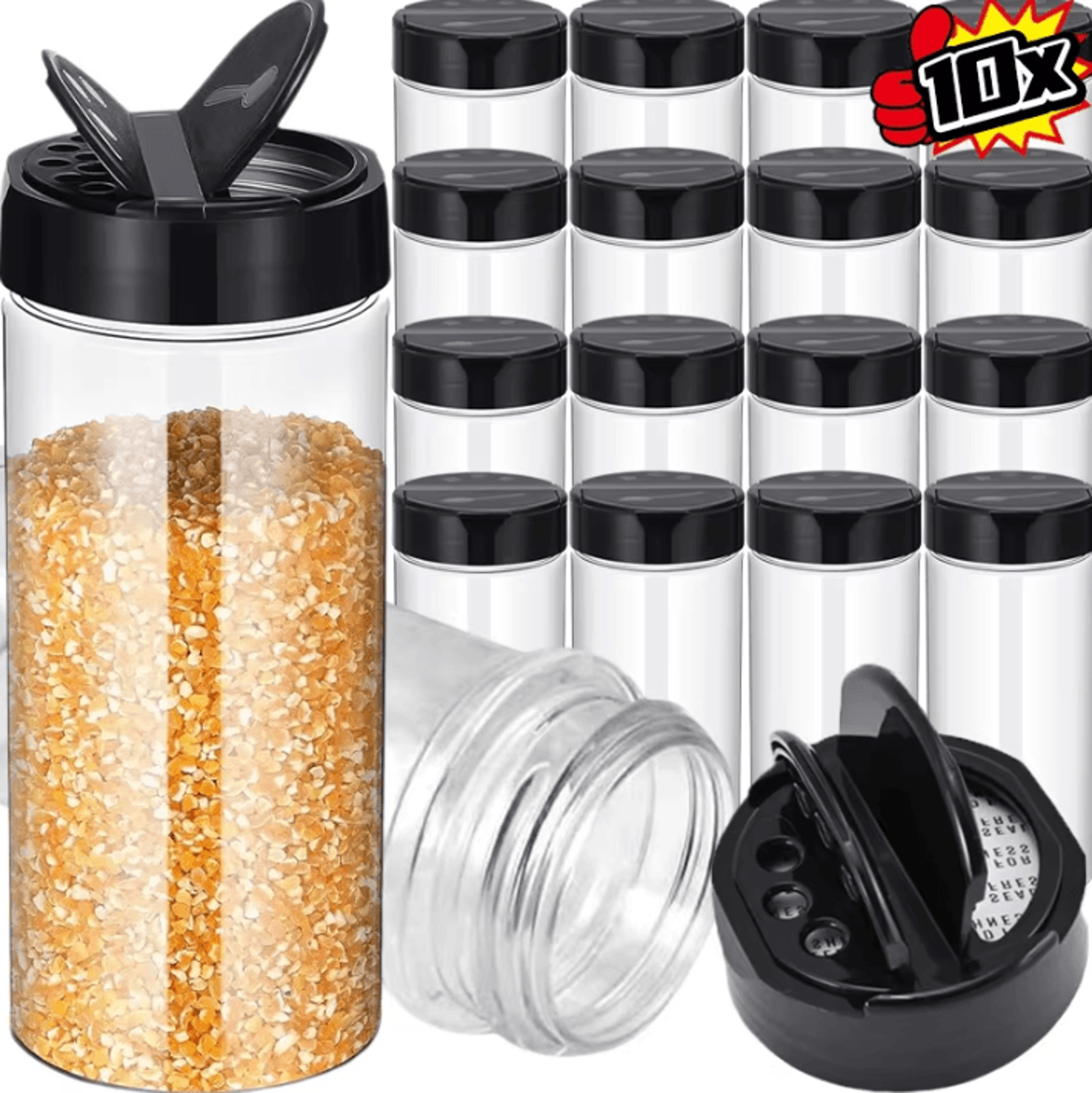 clear spice bottles set – plastic seasoning jars for salt, pepper and bbq spices