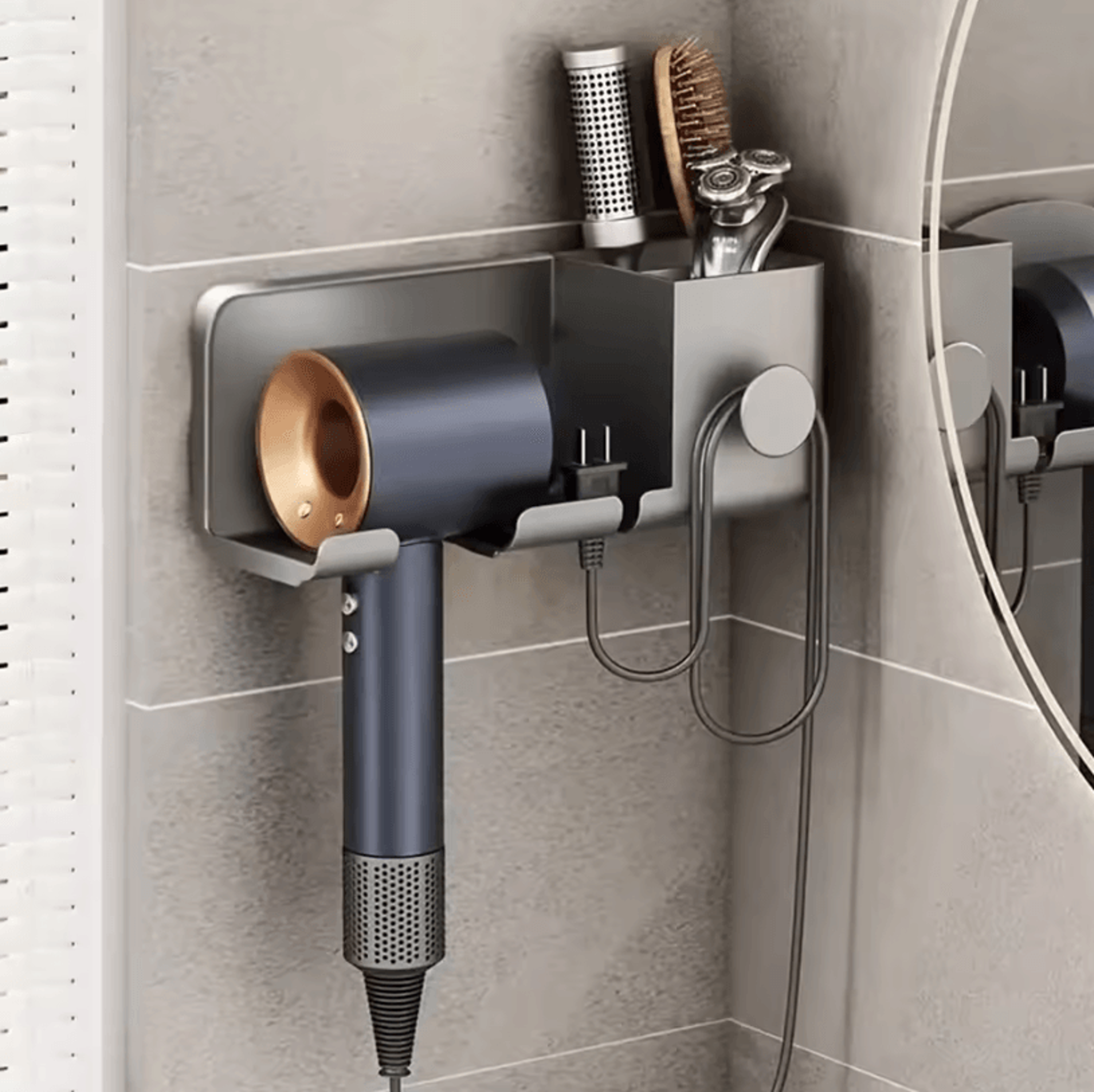 electric hair dryer storage rack – perforation-free bathroom wall-mounted organizer