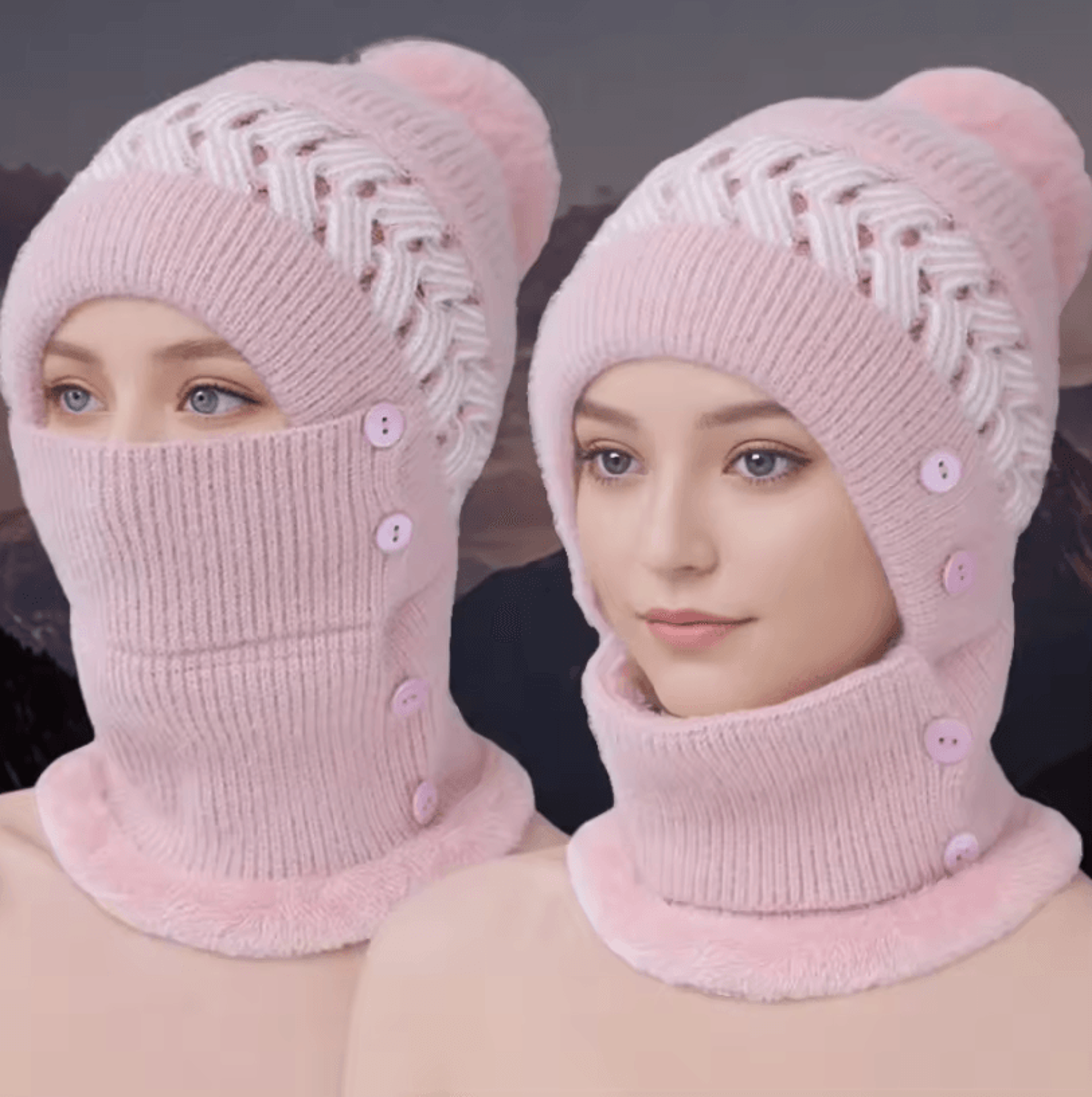 plush fur lined winter warm hat with balaclava – cute pompoms coldproof cap for women (21.65–22.83 in)