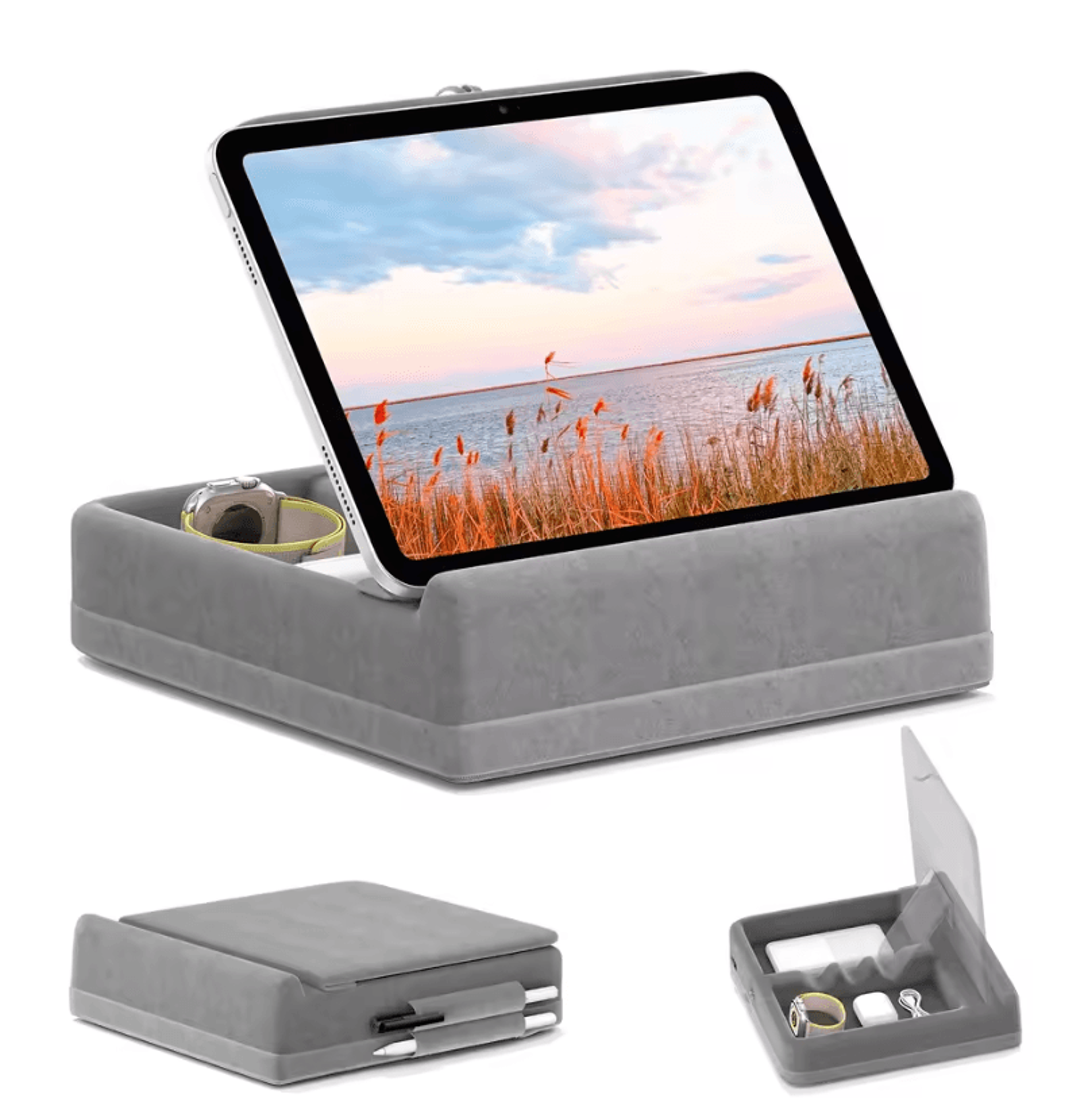 foldable tablet pillow stand with storage – adjustable ipad holder for bed, lap & desk