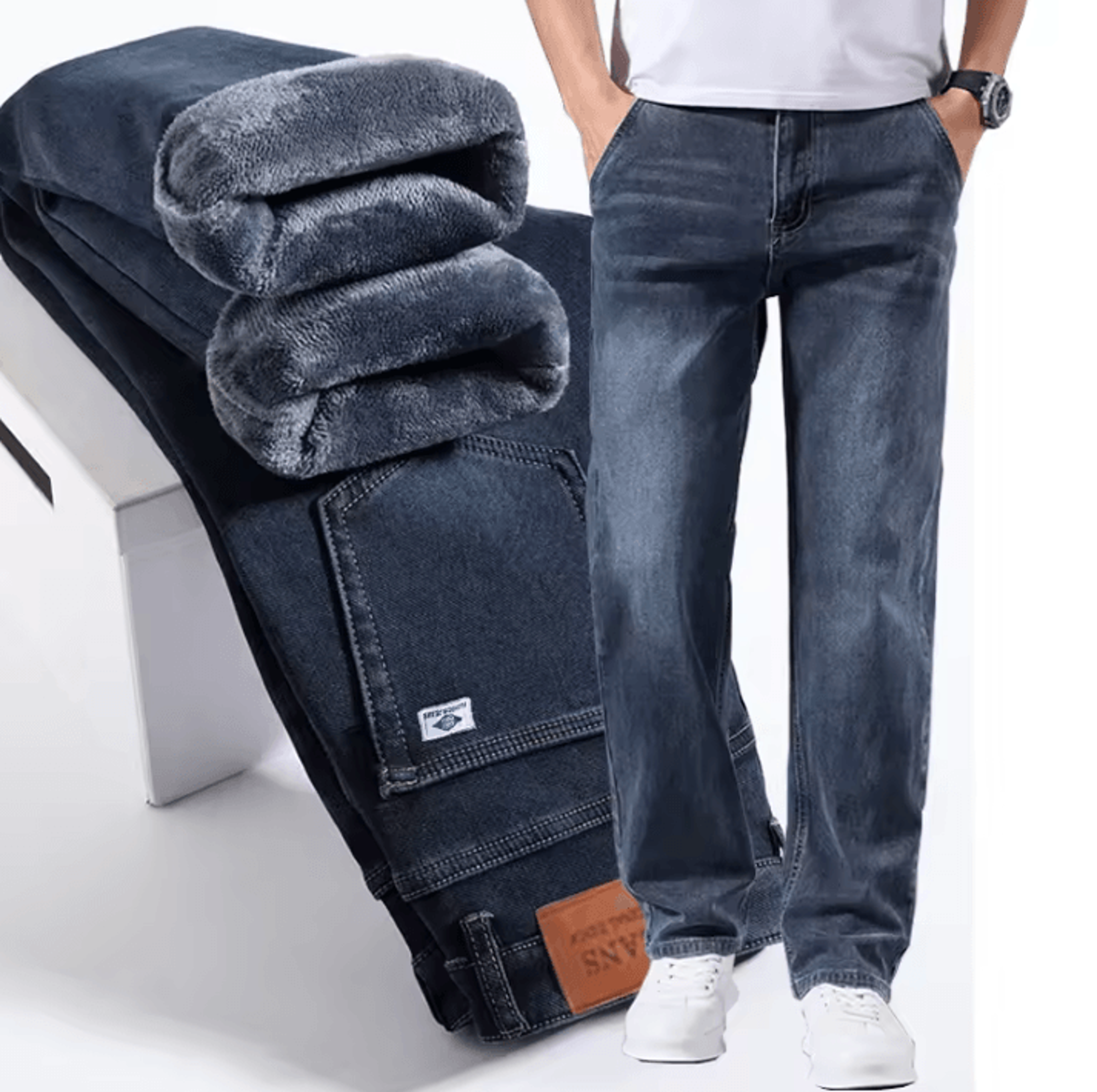 mens winter warm fleece lined stretch casual jeans – lightweight thermal trousers for office & daily wear