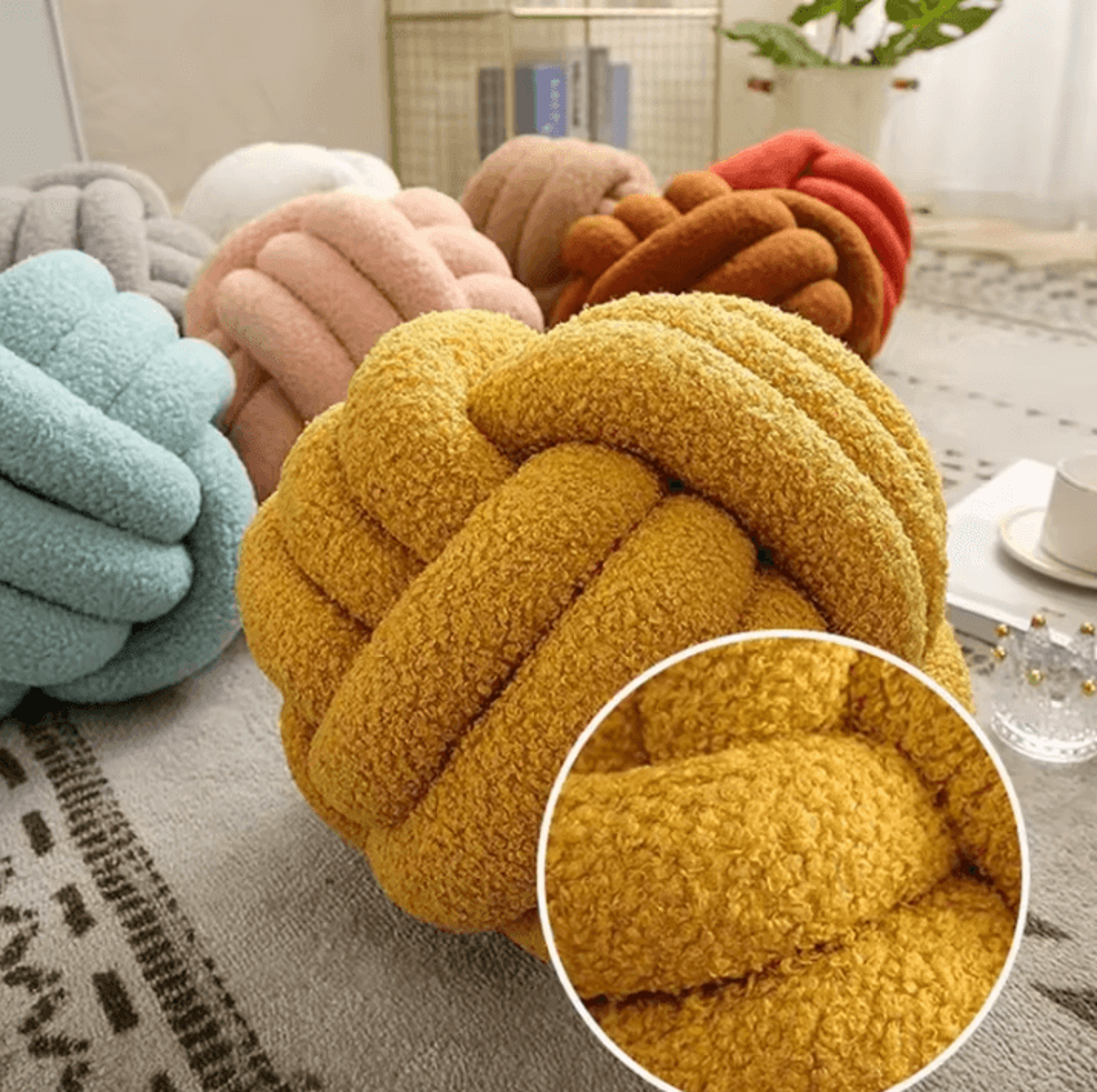 sunknot 8.7x8.7-inch handmade knotted plush pillow – yellow round decorative cushion for sofa & home decor