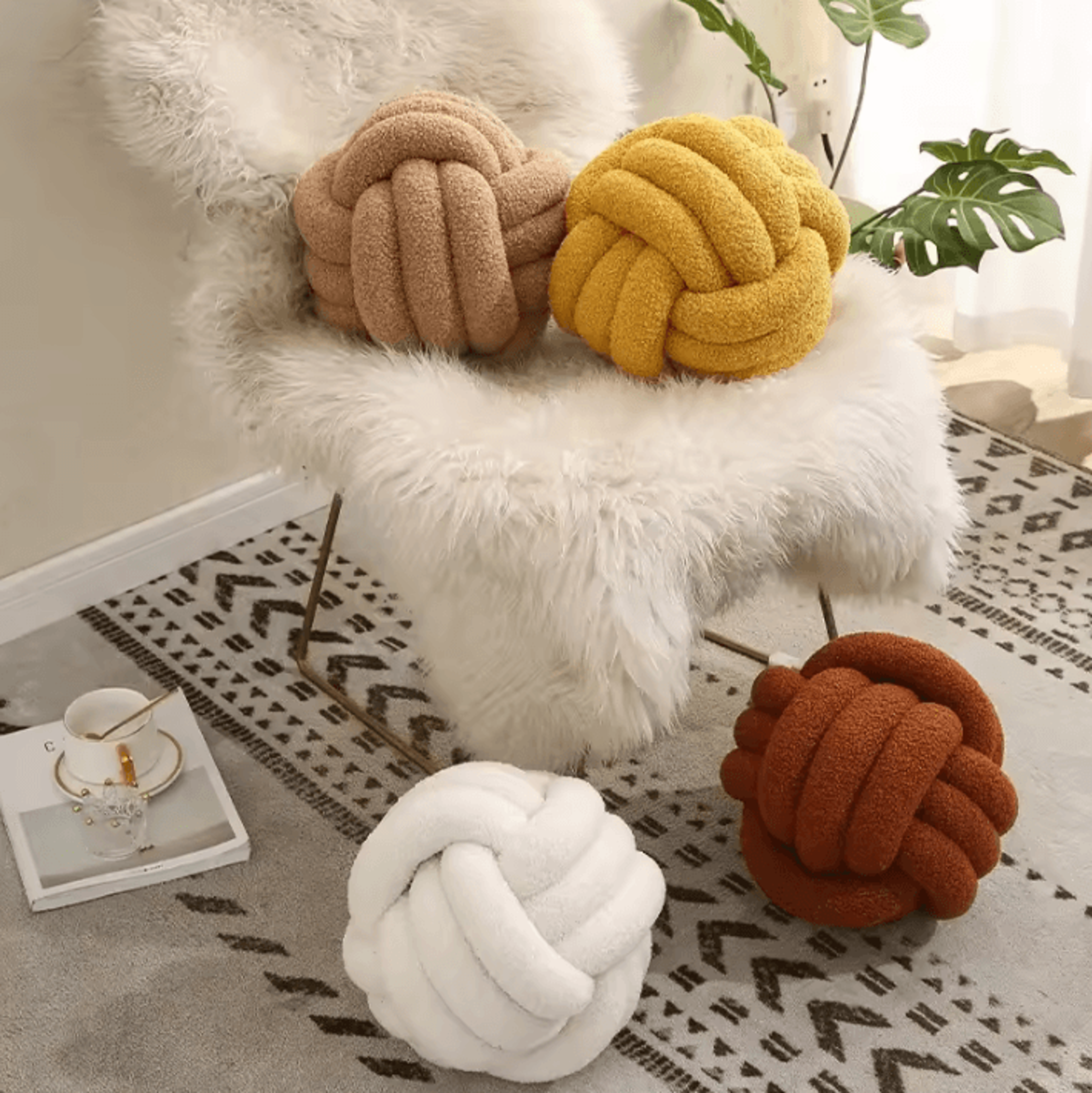 boholux knotted ball throw pillow – decorative plush cushion for sofa, bed & home decor