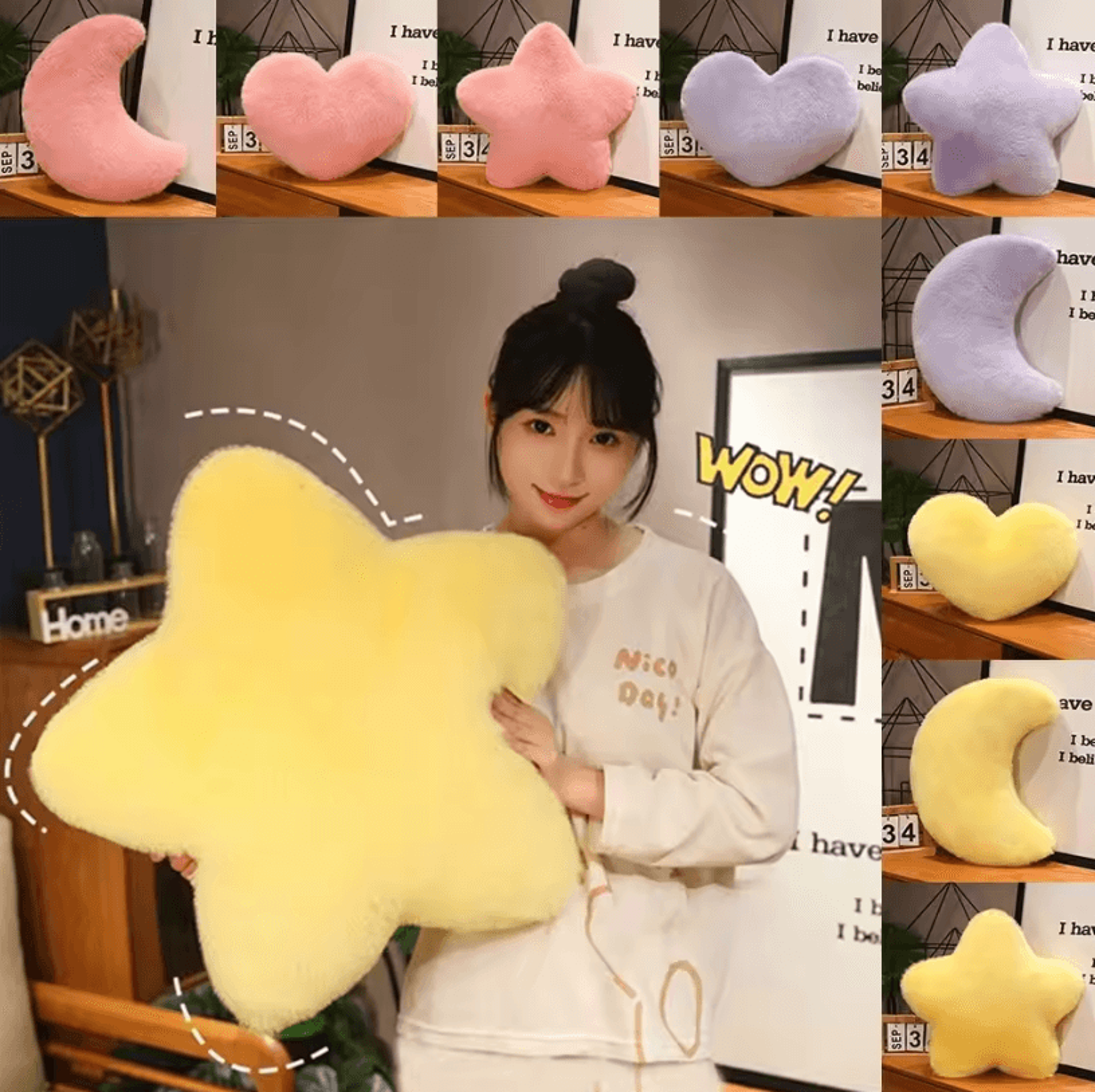 lunalove plush moon & heart pillow – pink star-pattern cushion for sofa & valentines decor