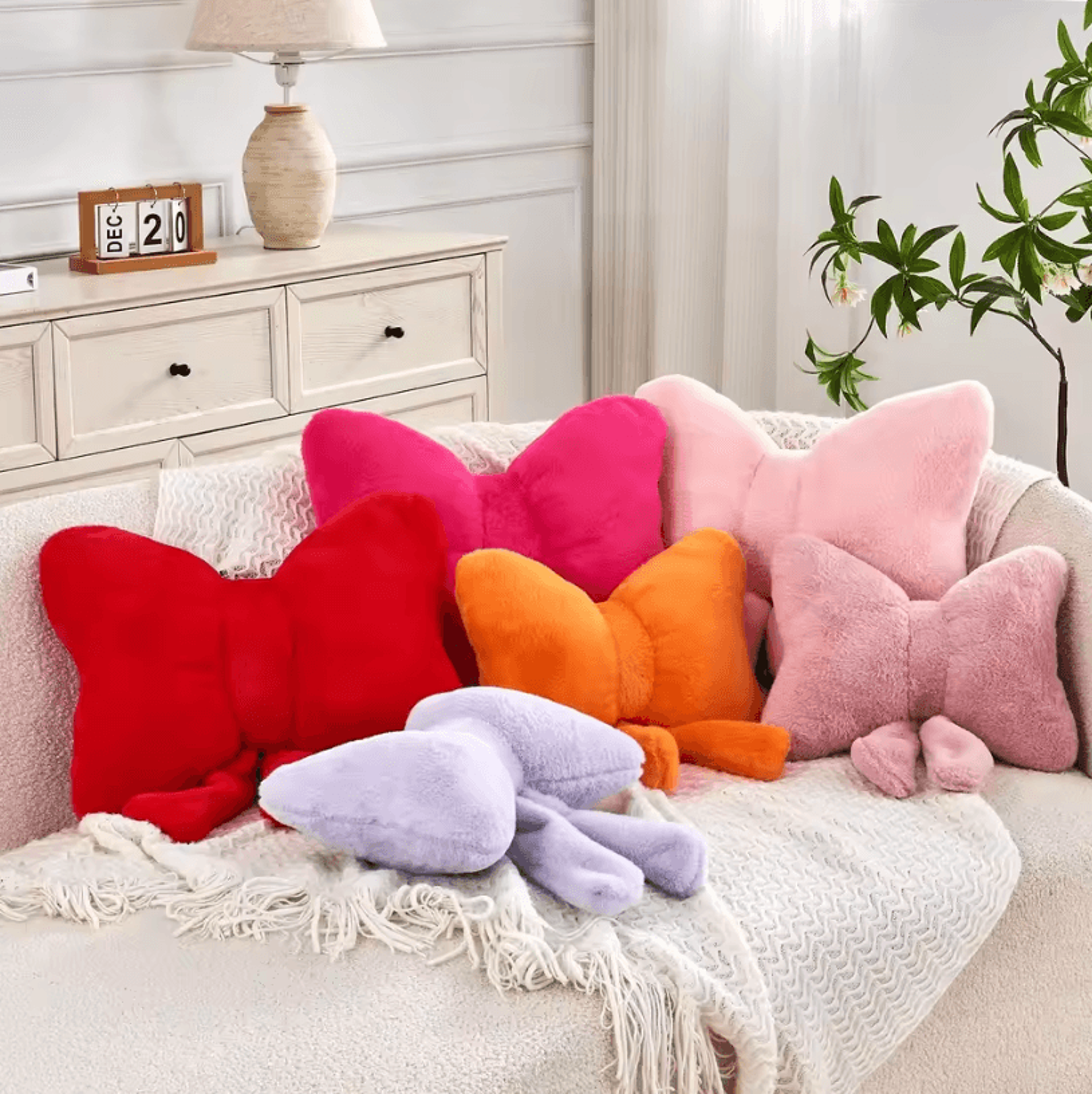 dustybow plush decorative bow pillow – soft faux rabbit fur 12" throw cushion for aesthetic home decor