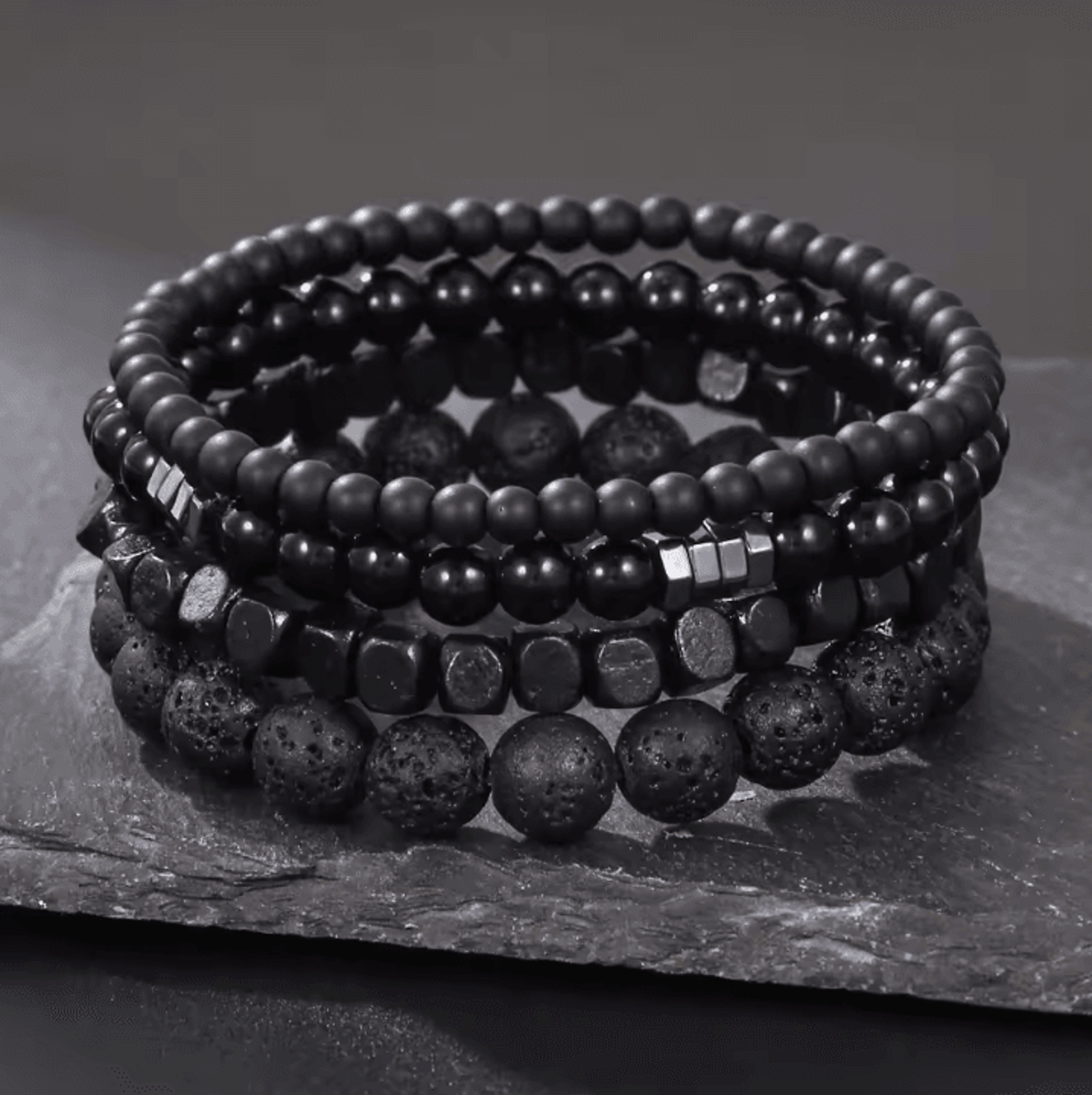 lavaedge 4-piece volcanic stone bracelet set – black lava rock & wood beads elastic jewelry for men & women