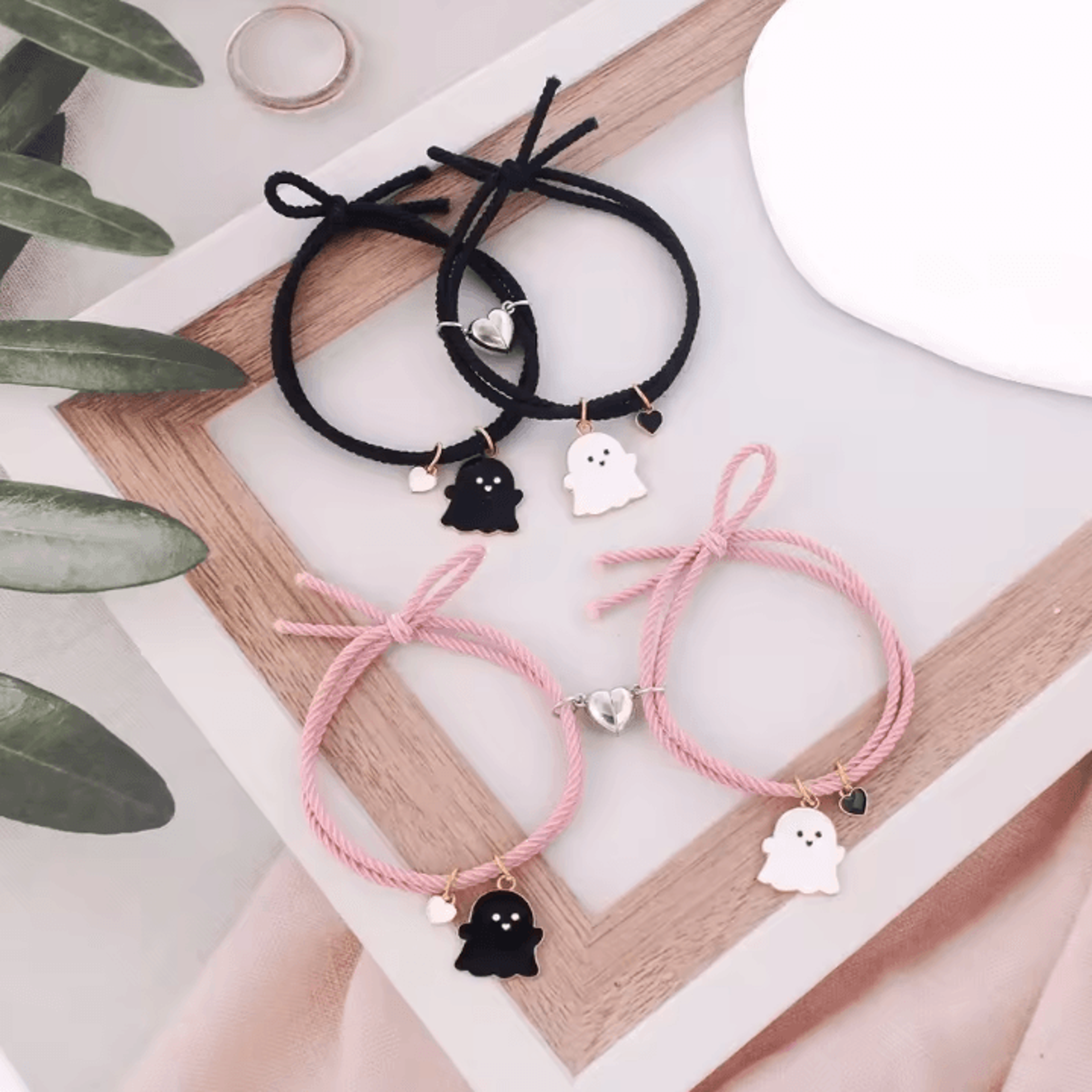 spooklove halloween ghost couple bracelets set – braided magnetic heart long-distance promise jewelry gift