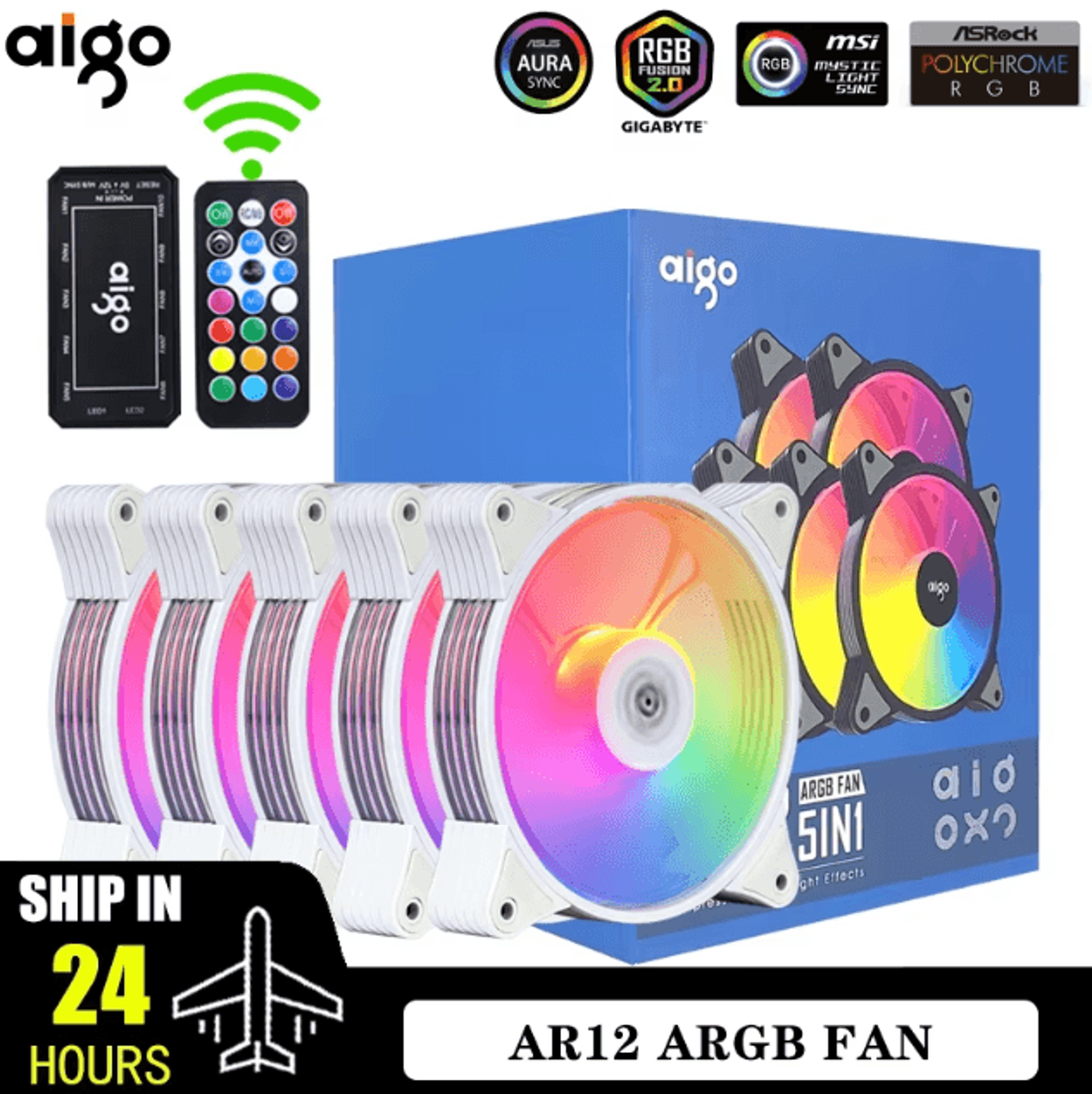 aigo ar12 120 mm argb pc case fan – adjustable rgb led cooling fan with 6-pin connector